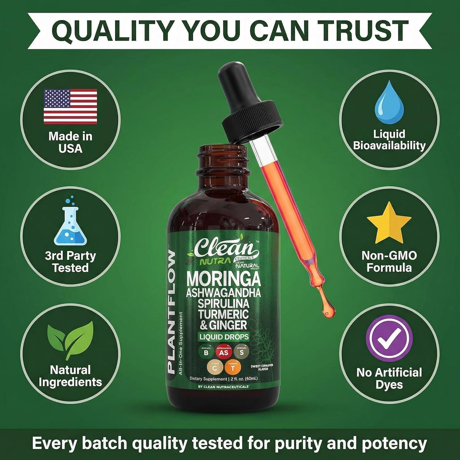image:imageClean Nutra Moringa Supplement Drops Ashwagandha Spirulina Chlorella Turmeric amp Ginger Liquid Barley Grass with Chlorophyll Blue Green Algae Vitamin C Antioxidant Holy Basil Ceylon Cinnamon PlantFlow