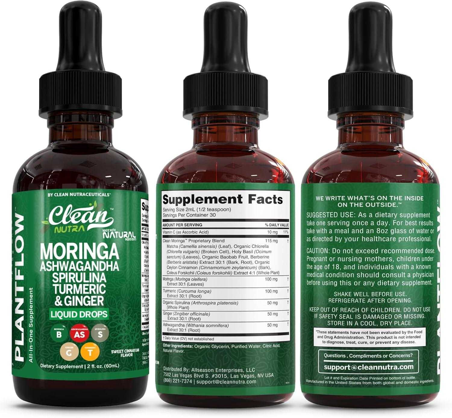 image:imageClean Nutra Moringa Supplement Drops Ashwagandha Spirulina Chlorella Turmeric amp Ginger Liquid Barley Grass with Chlorophyll Blue Green Algae Vitamin C Antioxidant Holy Basil Ceylon Cinnamon PlantFlow
