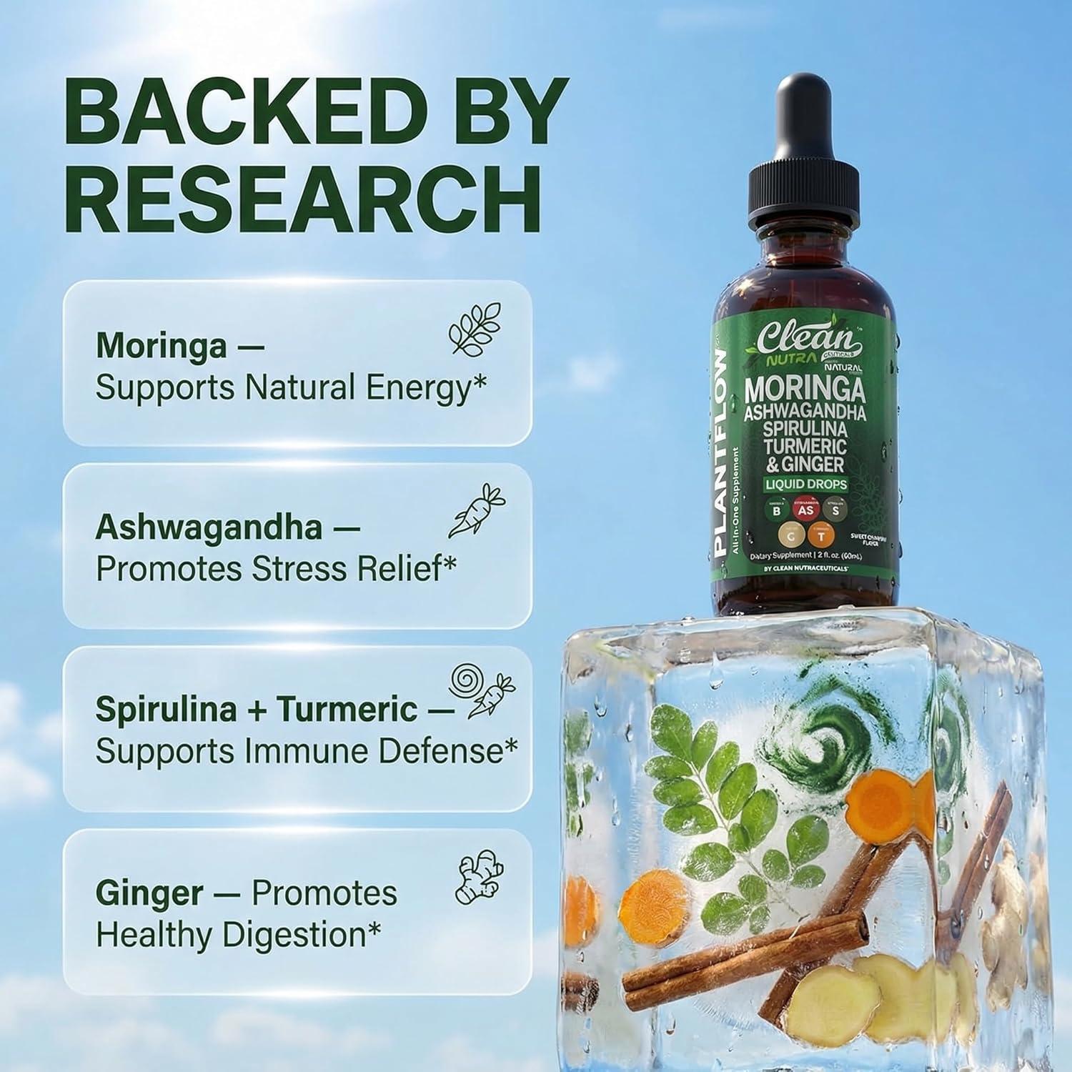 image:imageClean Nutra Moringa Supplement Drops Ashwagandha Spirulina Chlorella Turmeric amp Ginger Liquid Barley Grass with Chlorophyll Blue Green Algae Vitamin C Antioxidant Holy Basil Ceylon Cinnamon PlantFlow