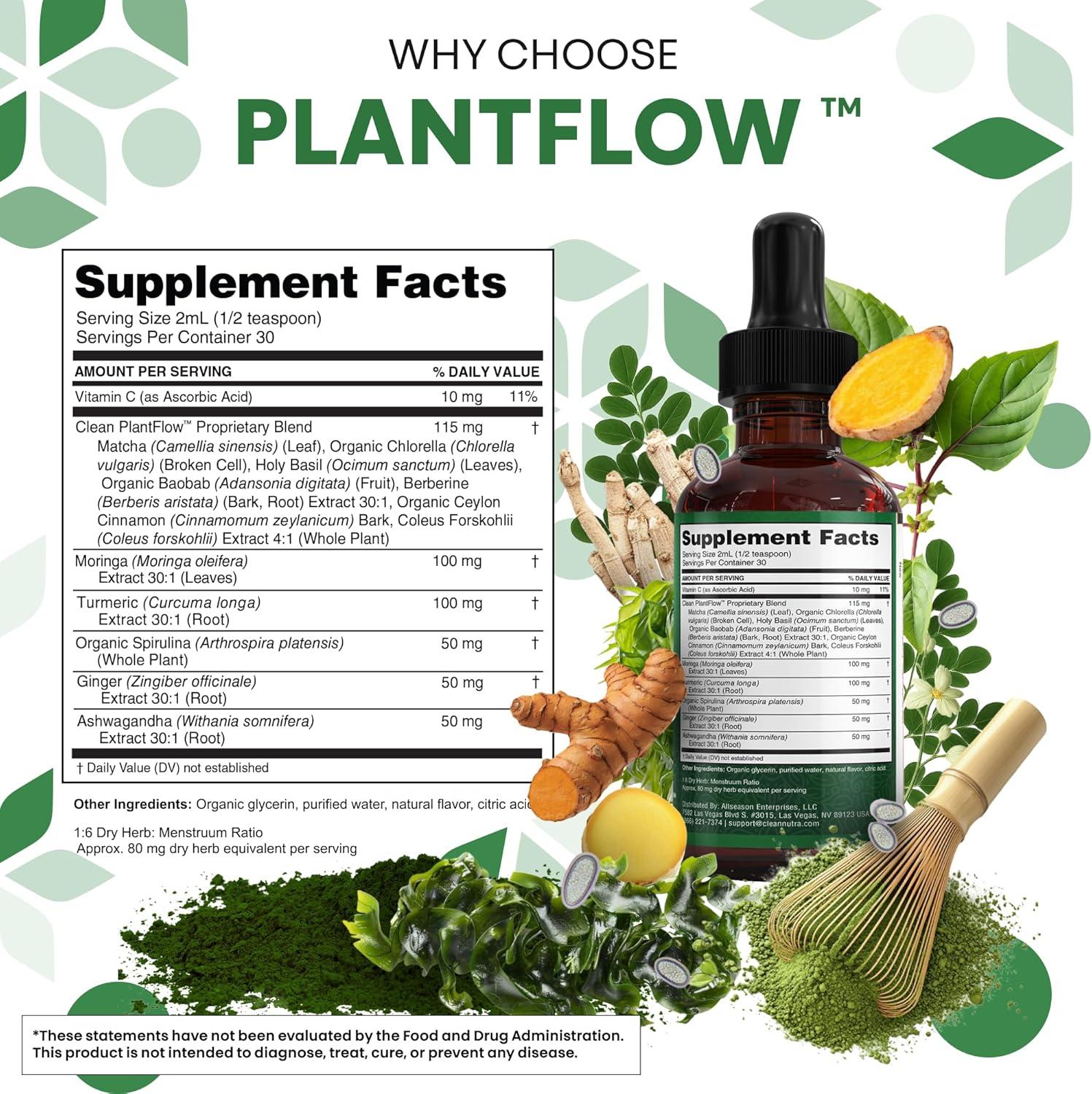 image:imageClean Nutra Moringa Supplement Drops Ashwagandha Spirulina Chlorella Turmeric amp Ginger Liquid Barley Grass with Chlorophyll Blue Green Algae Vitamin C Antioxidant Holy Basil Ceylon Cinnamon PlantFlow
