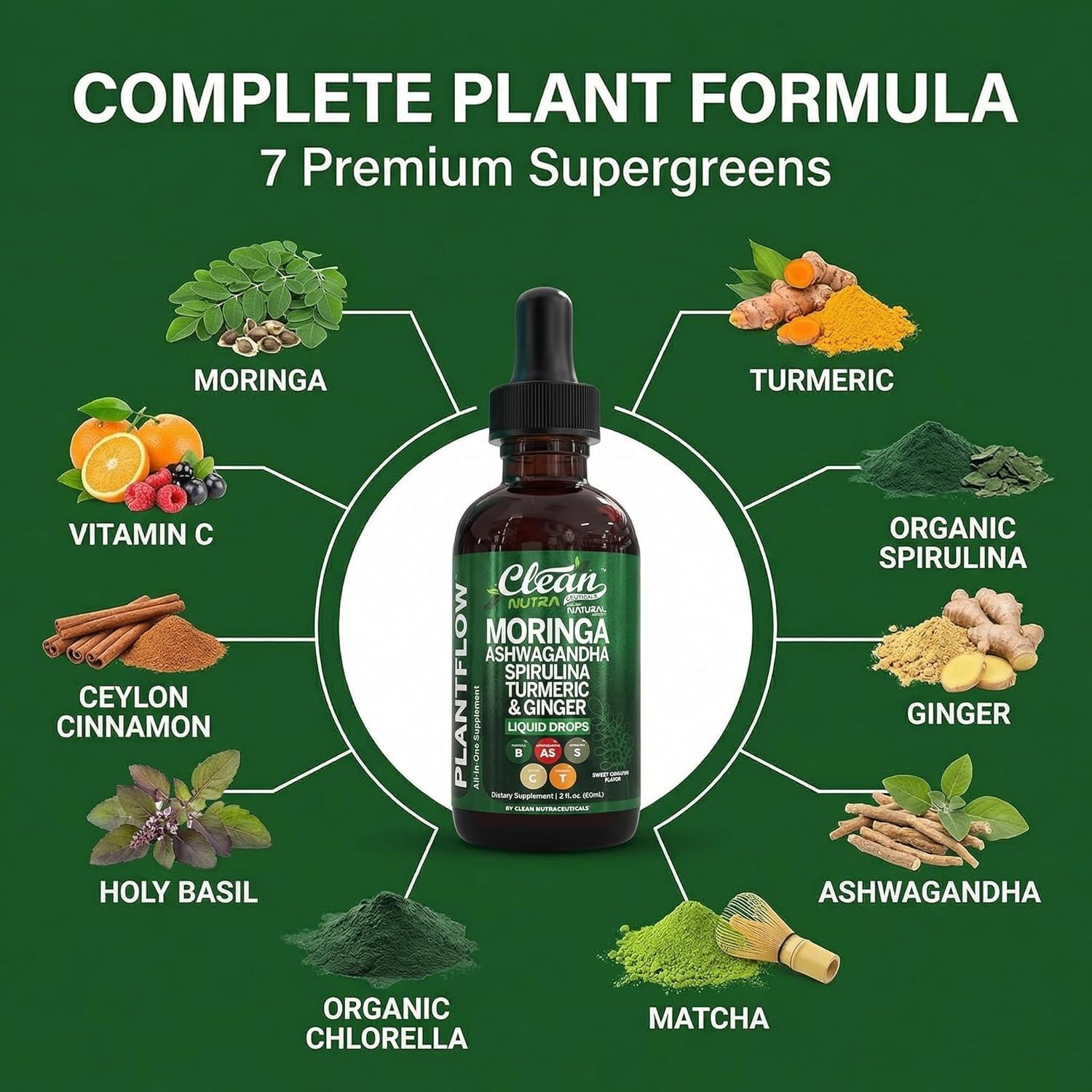 image:imageClean Nutra Moringa Supplement Drops Ashwagandha Spirulina Chlorella Turmeric amp Ginger Liquid Barley Grass with Chlorophyll Blue Green Algae Vitamin C Antioxidant Holy Basil Ceylon Cinnamon PlantFlow