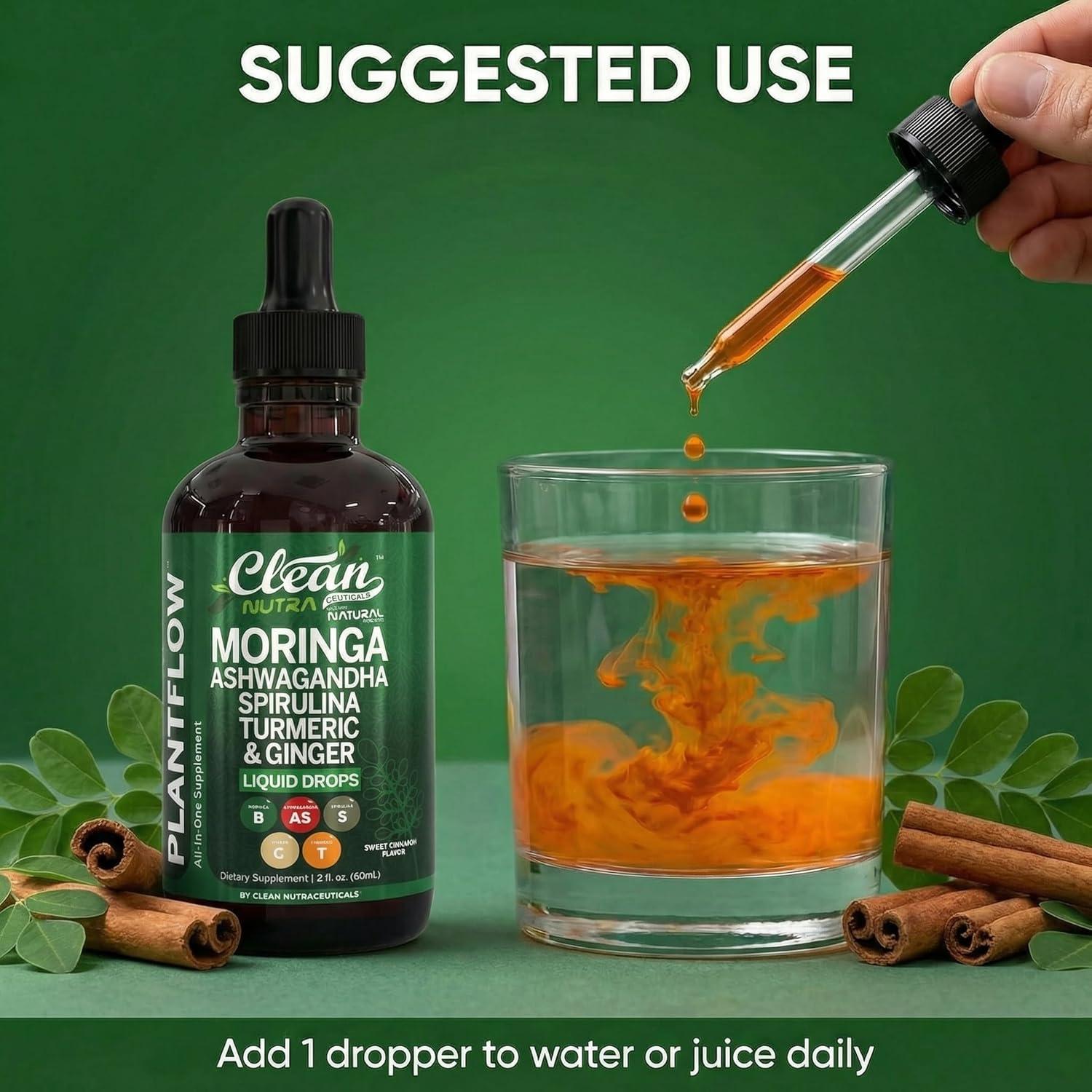 image:imageClean Nutra Moringa Supplement Drops Ashwagandha Spirulina Chlorella Turmeric amp Ginger Liquid Barley Grass with Chlorophyll Blue Green Algae Vitamin C Antioxidant Holy Basil Ceylon Cinnamon PlantFlow