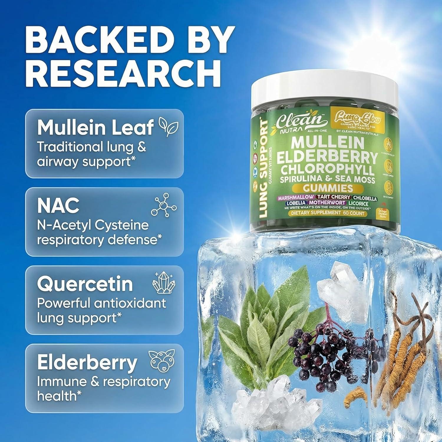 image:imageClean Nutra Mullein Gummies for Lung Health Support with Elderberry Chlorophyll Spirulina Tart Cherry Sea Moss Vitamin C Lutein Marshmallow Root Licorice Root Superfood Greens Mucus Relief 60 Gummies