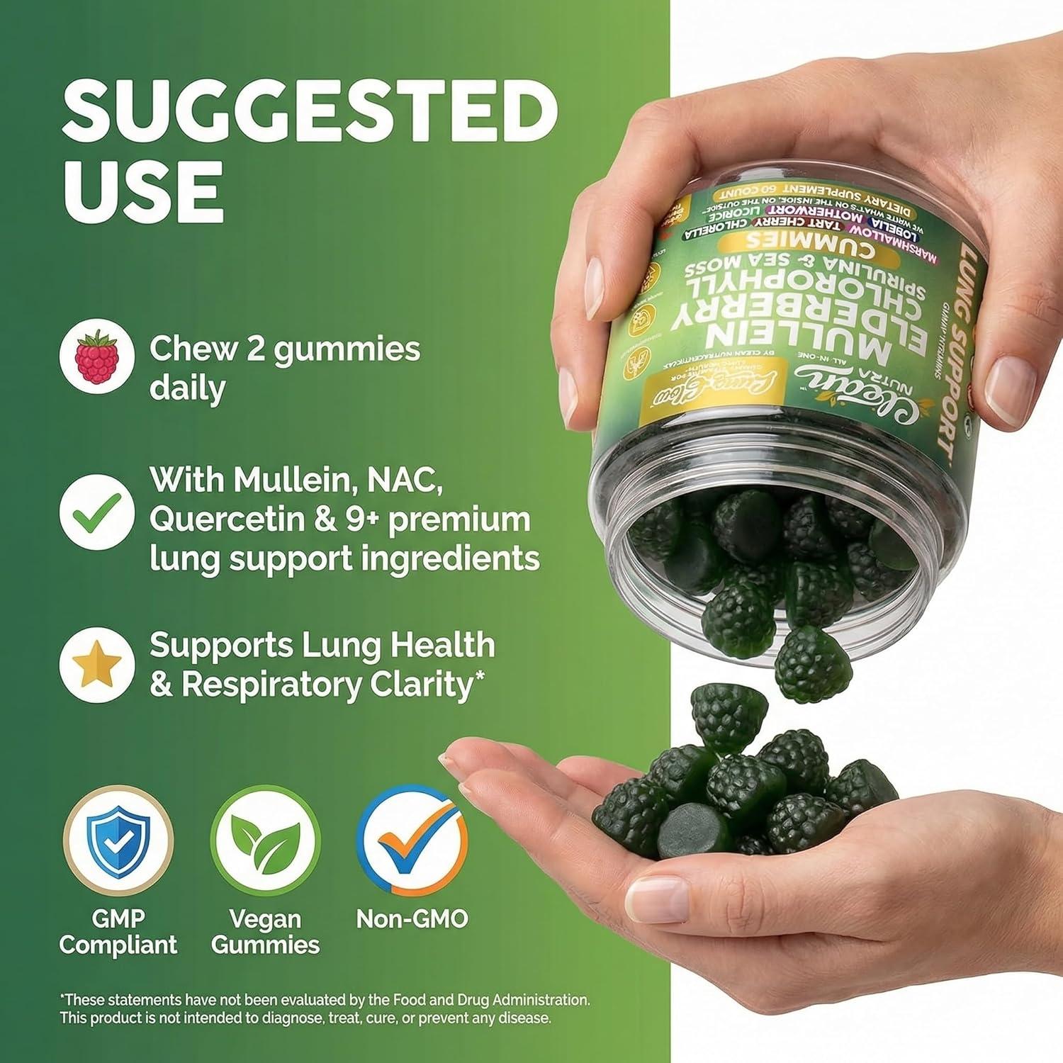 image:imageClean Nutra Mullein Gummies for Lung Health Support with Elderberry Chlorophyll Spirulina Tart Cherry Sea Moss Vitamin C Lutein Marshmallow Root Licorice Root Superfood Greens Mucus Relief 60 Gummies