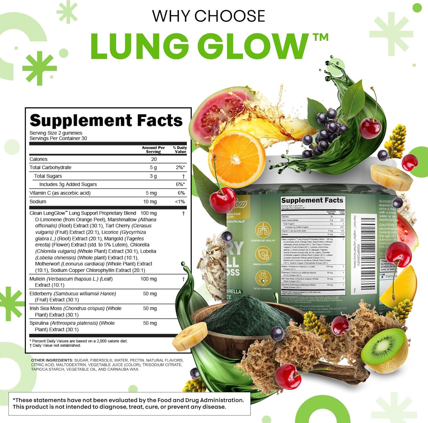 image:imageClean Nutra Mullein Gummies for Lung Health Support with Elderberry Chlorophyll Spirulina Tart Cherry Sea Moss Vitamin C Lutein Marshmallow Root Licorice Root Superfood Greens Mucus Relief 60 Gummies
