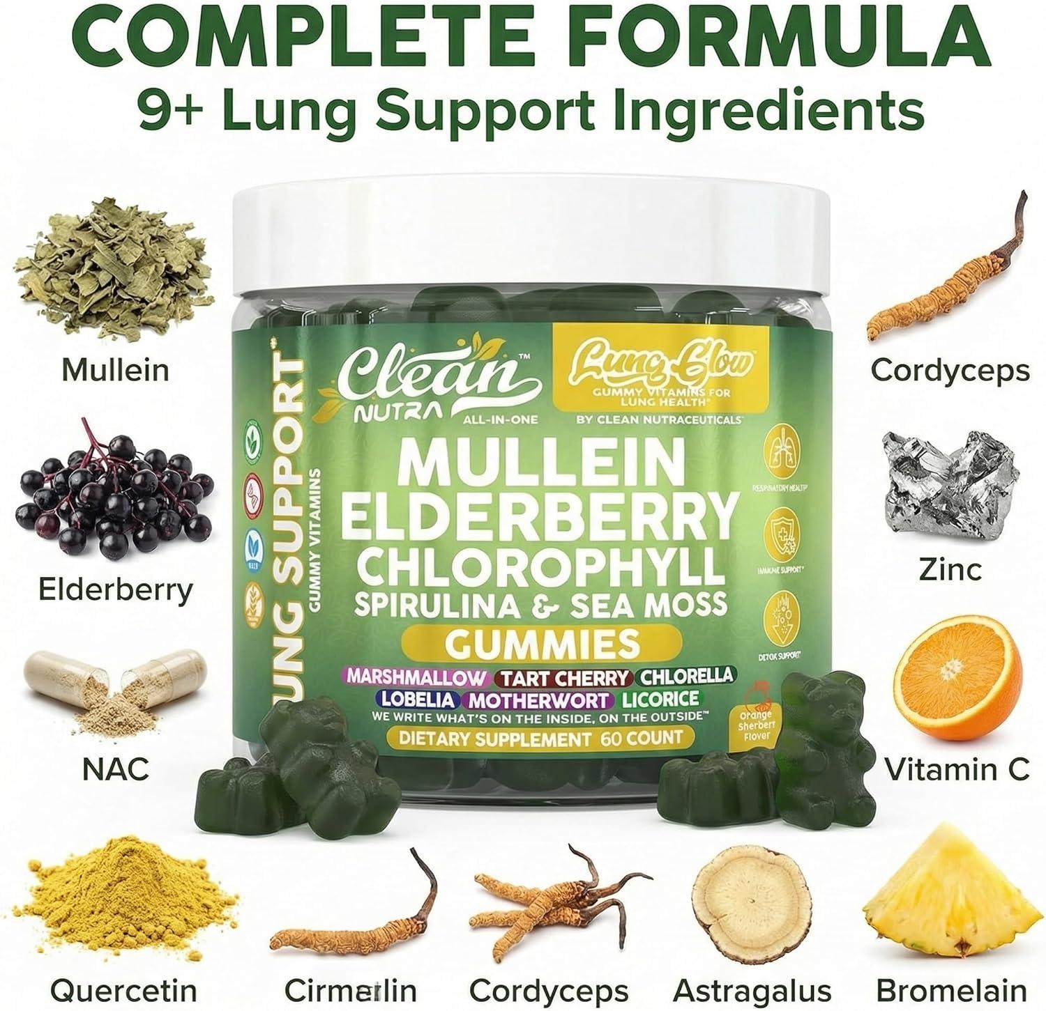 image:imageClean Nutra Mullein Gummies for Lung Health Support with Elderberry Chlorophyll Spirulina Tart Cherry Sea Moss Vitamin C Lutein Marshmallow Root Licorice Root Superfood Greens Mucus Relief 60 Gummies