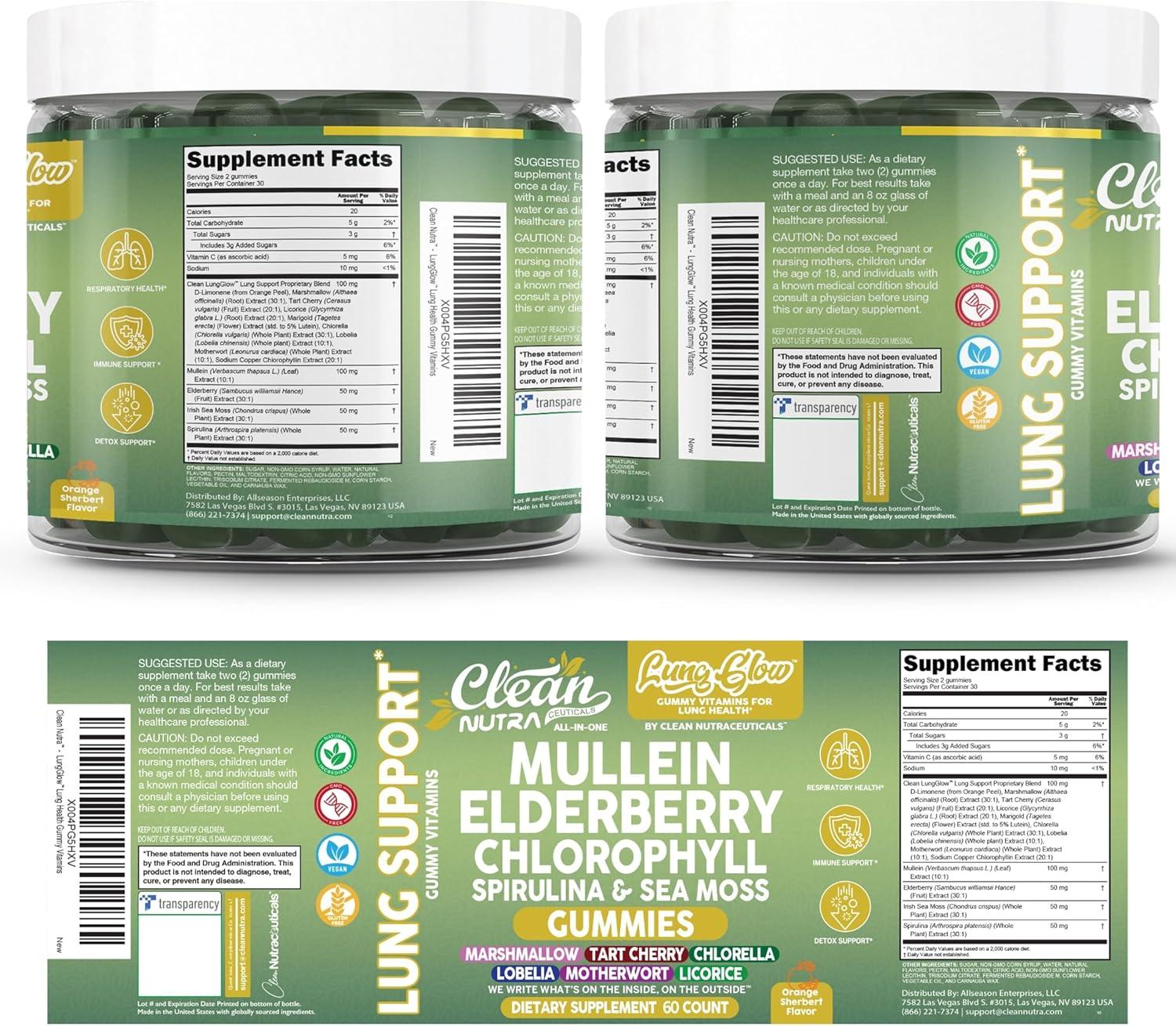 image:imageClean Nutra Mullein Gummies for Lung Health Support with Elderberry Chlorophyll Spirulina Tart Cherry Sea Moss Vitamin C Lutein Marshmallow Root Licorice Root Superfood Greens Mucus Relief 60 Gummies