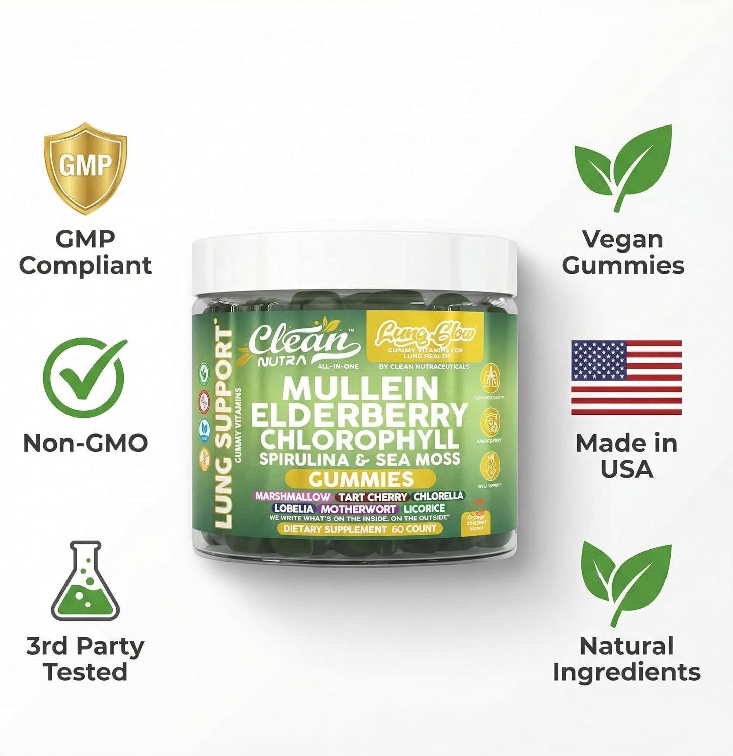image:imageClean Nutra Mullein Gummies for Lung Health Support with Elderberry Chlorophyll Spirulina Tart Cherry Sea Moss Vitamin C Lutein Marshmallow Root Licorice Root Superfood Greens Mucus Relief 60 Gummies