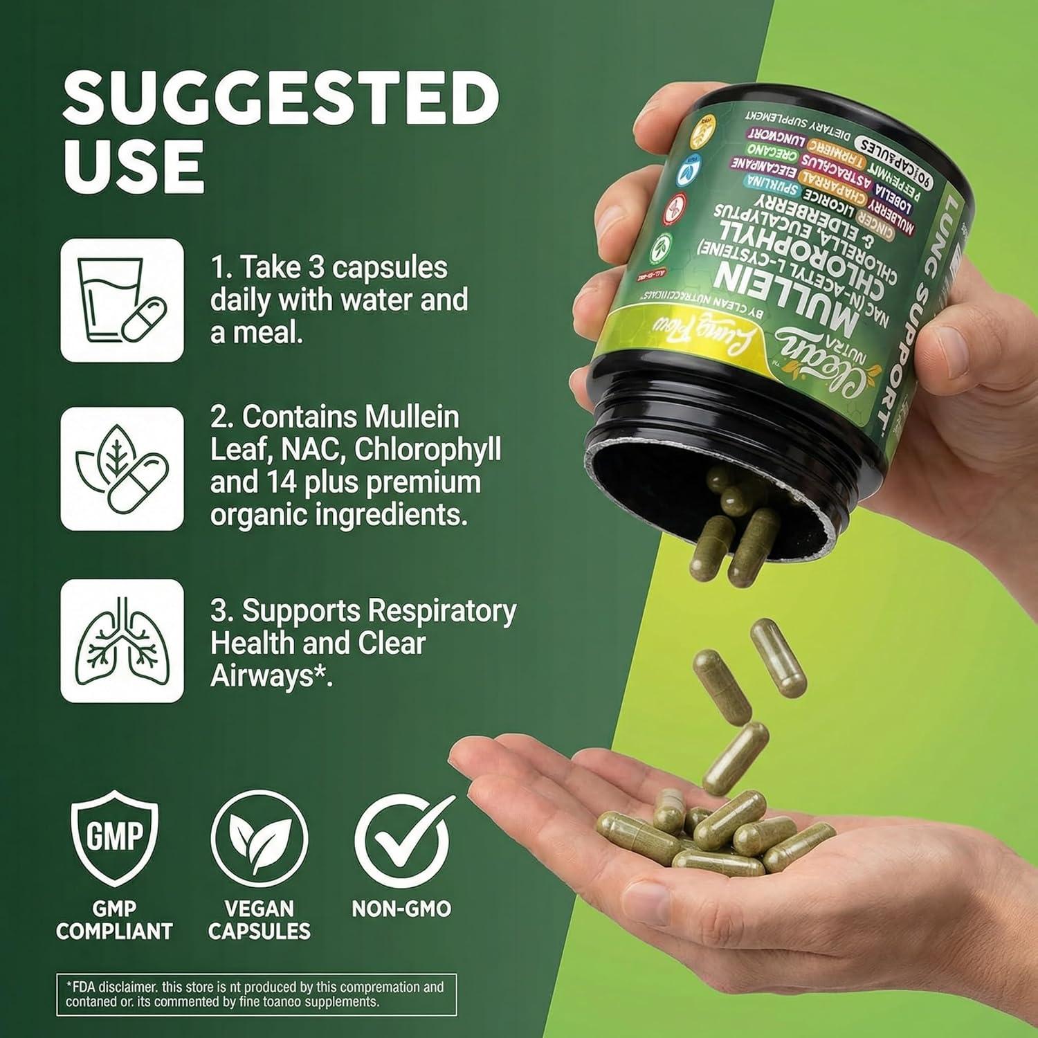 image:imageClean Nutra Mullein Leaf Extract for Lungs Cleanse NAC Supplement Chlorophyll Chlorella Elderberry Lung Detox for Smokers Ginger Licorice Astragalus Oregano Turmeric Respiratory Support Capsules