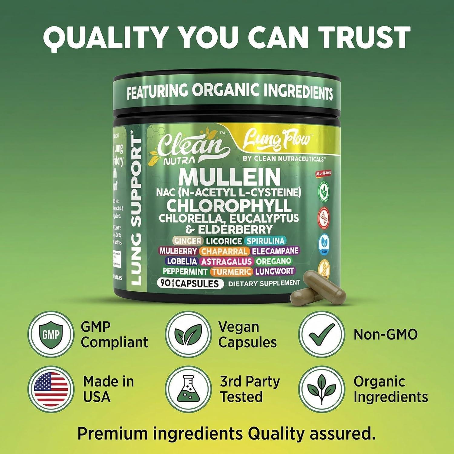 image:imageClean Nutra Mullein Leaf Extract for Lungs Cleanse NAC Supplement Chlorophyll Chlorella Elderberry Lung Detox for Smokers Ginger Licorice Astragalus Oregano Turmeric Respiratory Support Capsules