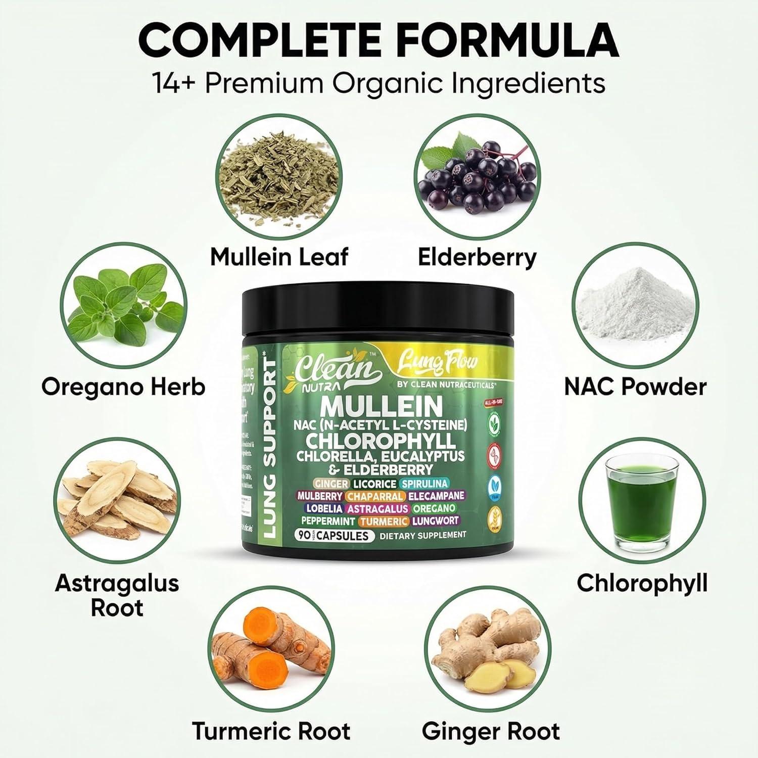 image:imageClean Nutra Mullein Leaf Extract for Lungs Cleanse NAC Supplement Chlorophyll Chlorella Elderberry Lung Detox for Smokers Ginger Licorice Astragalus Oregano Turmeric Respiratory Support Capsules