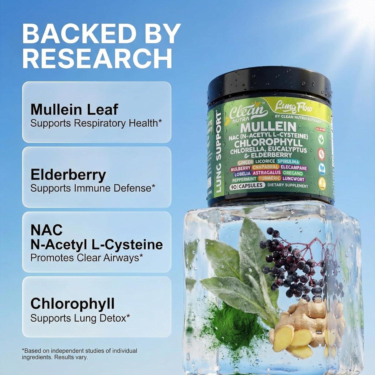 image:imageClean Nutra Mullein Leaf Extract for Lungs Cleanse NAC Supplement Chlorophyll Chlorella Elderberry Lung Detox for Smokers Ginger Licorice Astragalus Oregano Turmeric Respiratory Support Capsules