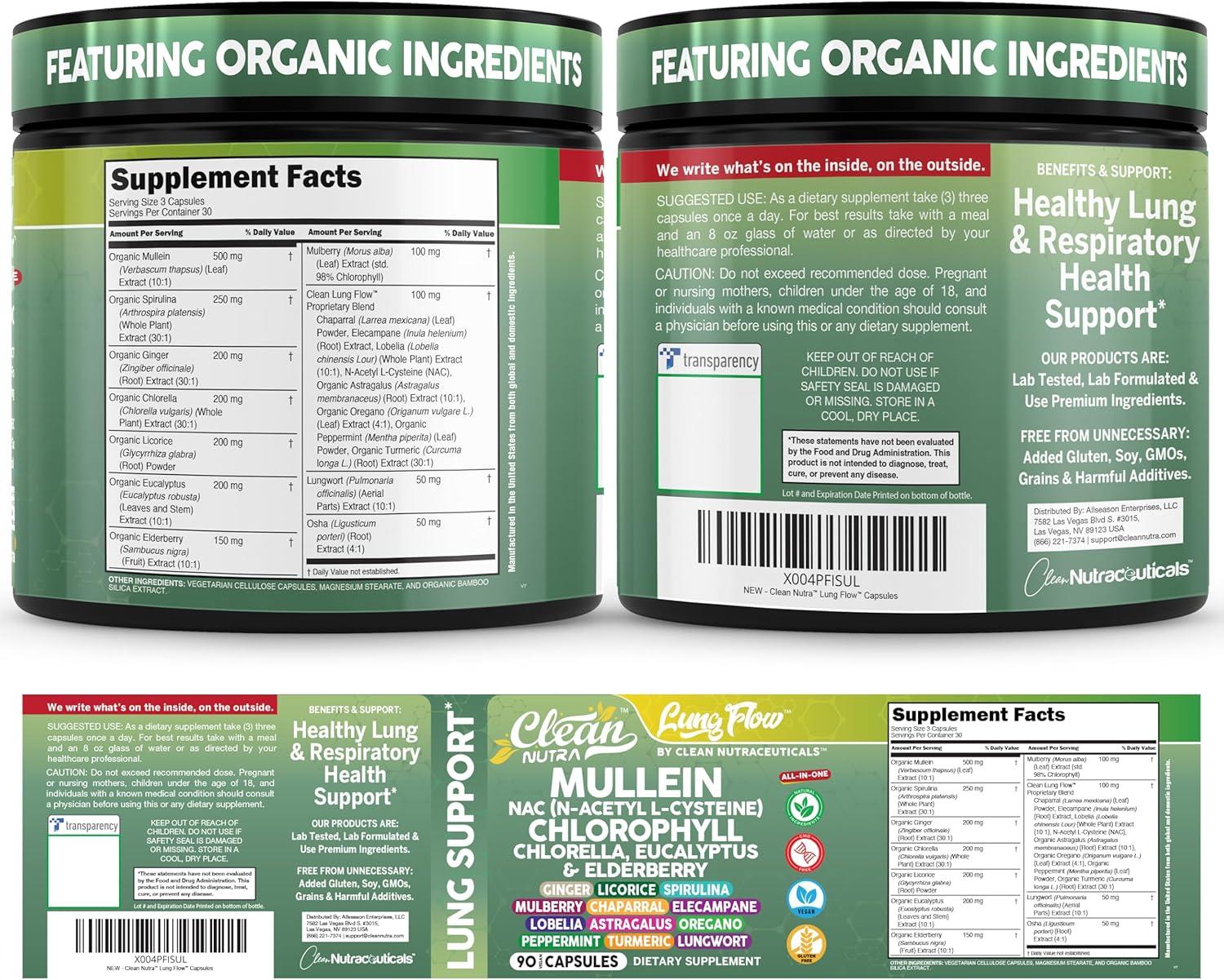 image:imageClean Nutra Mullein Leaf Extract for Lungs Cleanse NAC Supplement Chlorophyll Chlorella Elderberry Lung Detox for Smokers Ginger Licorice Astragalus Oregano Turmeric Respiratory Support Capsules