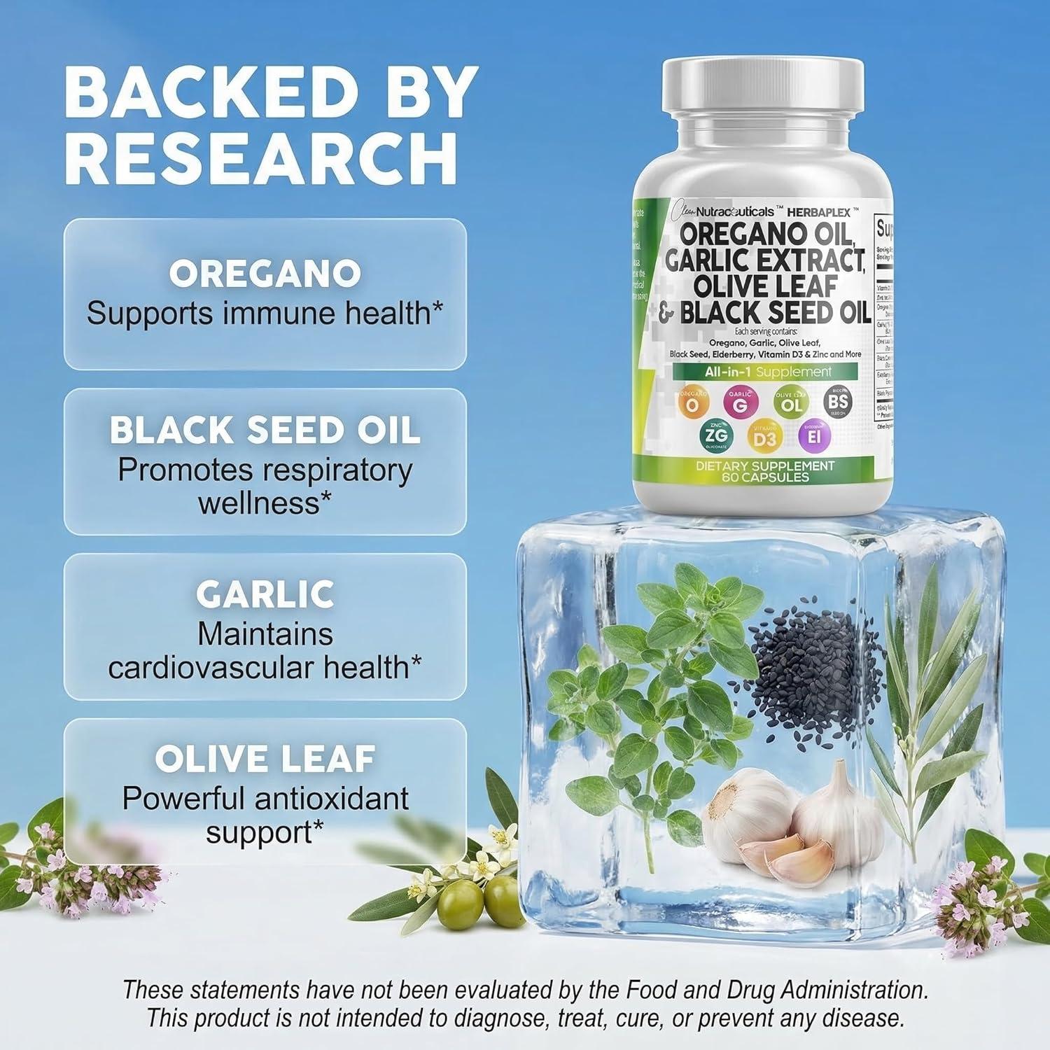 image:imageClean Nutra Oregano Oil with Black Seed Oil Garlic Olive Leaf Extract Oil of Oregano Capsules Immune Support Carvacrol amp Thymoquinone Supplement for Women and Men Elderberry Vitamin D3 amp Zinc60 Count Pack of 1