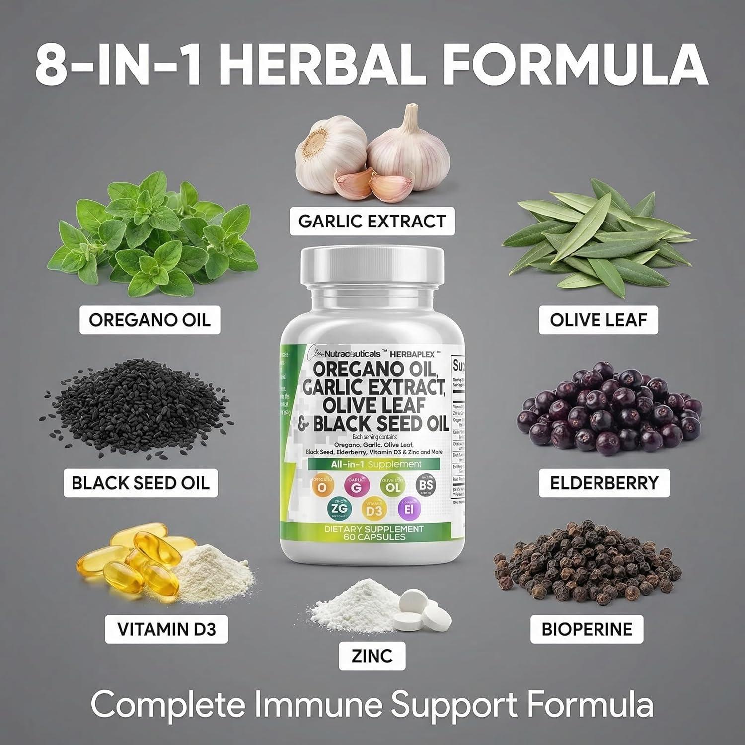 image:imageClean Nutra Oregano Oil with Black Seed Oil Garlic Olive Leaf Extract Oil of Oregano Capsules Immune Support Carvacrol amp Thymoquinone Supplement for Women and Men Elderberry Vitamin D3 amp Zinc60 Count Pack of 1