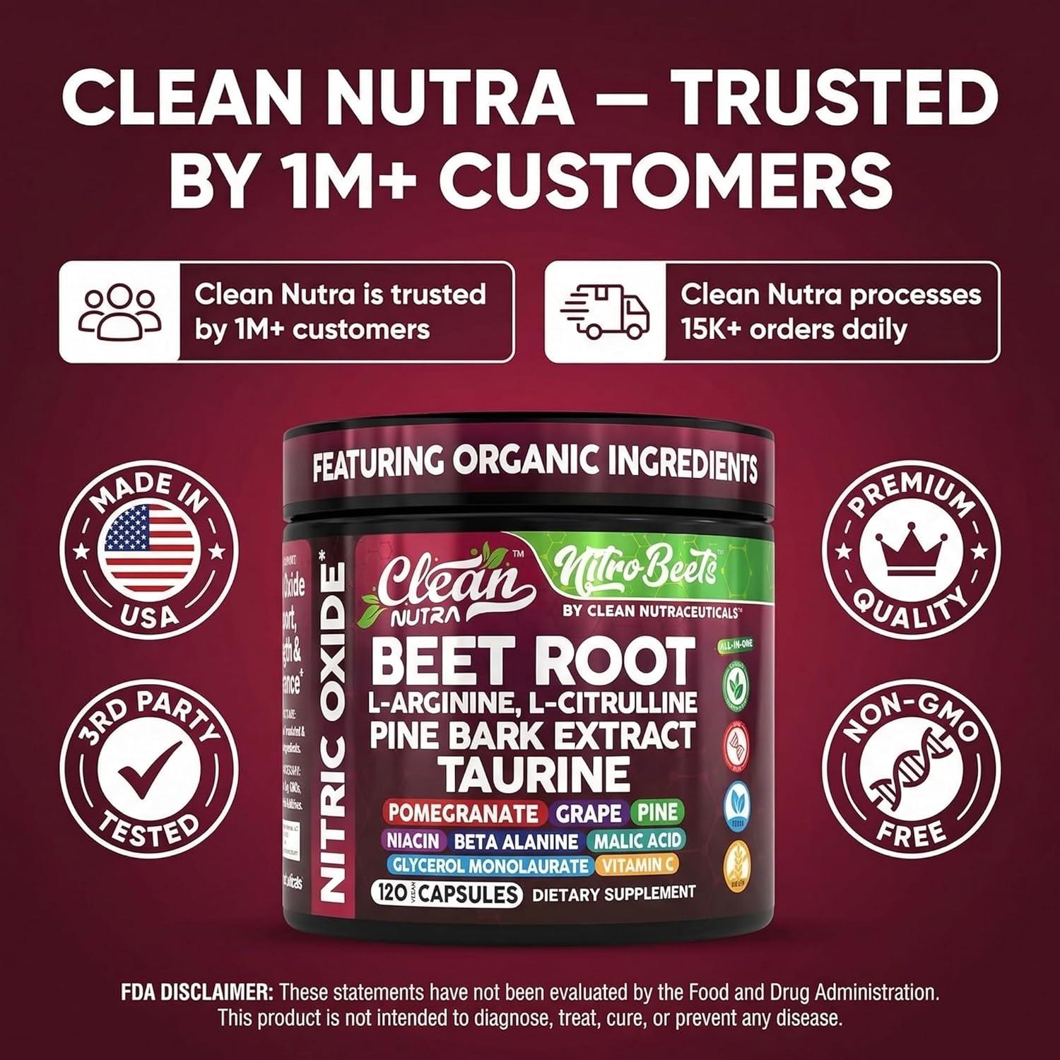 image:imageClean Nutra Organic Beet Root Capsules L Arginine L Citrulline Pine Bark Nitric Oxide Beetroot Powder Arginine Citrulline Supplement Pre Workout Supplements Extract 120 Vegan Pills