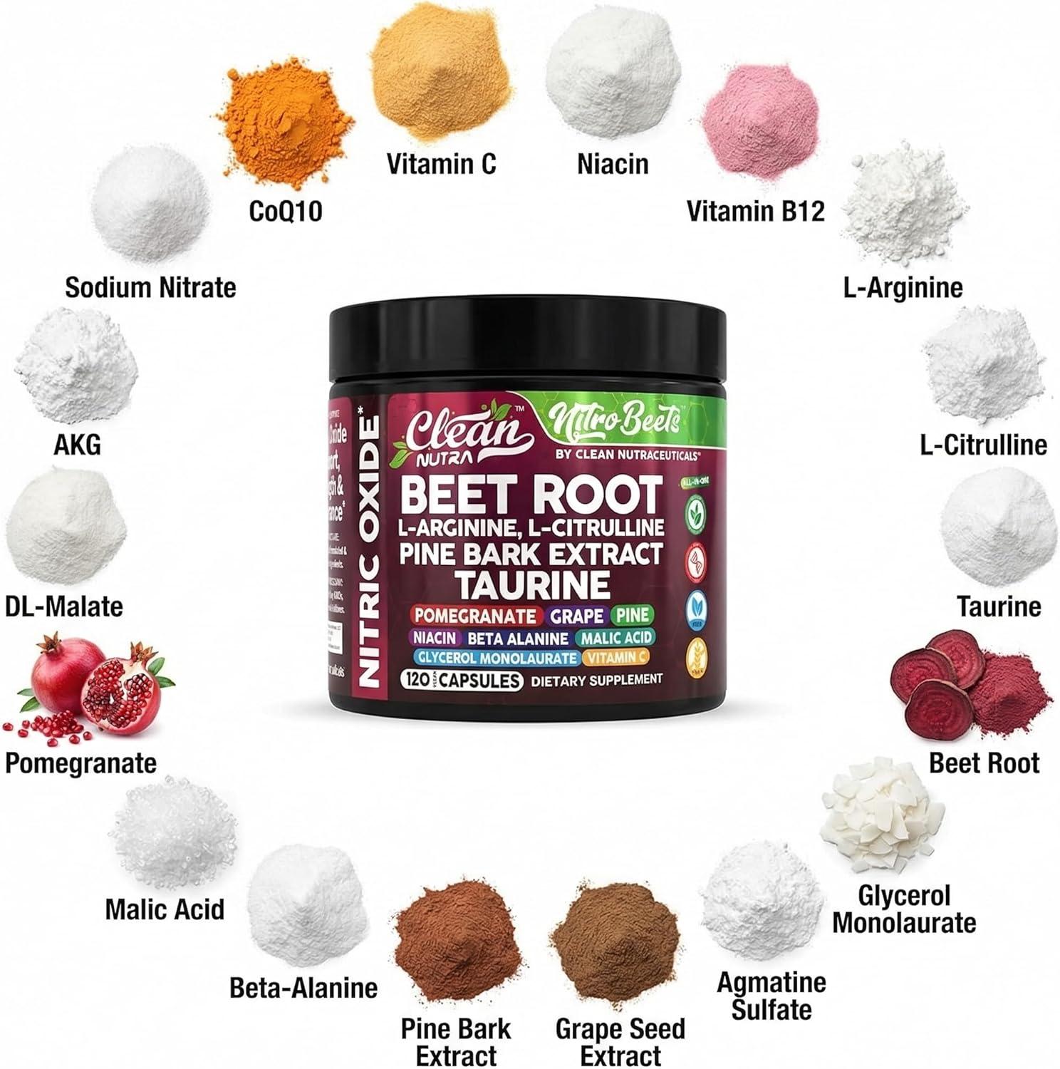 image:imageClean Nutra Organic Beet Root Capsules L Arginine L Citrulline Pine Bark Nitric Oxide Beetroot Powder Arginine Citrulline Supplement Pre Workout Supplements Extract 120 Vegan Pills