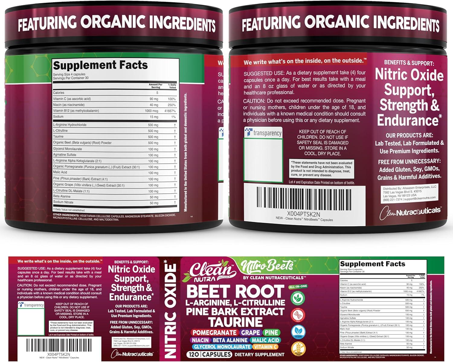 image:imageClean Nutra Organic Beet Root Capsules L Arginine L Citrulline Pine Bark Nitric Oxide Beetroot Powder Arginine Citrulline Supplement Pre Workout Supplements Extract 120 Vegan Pills