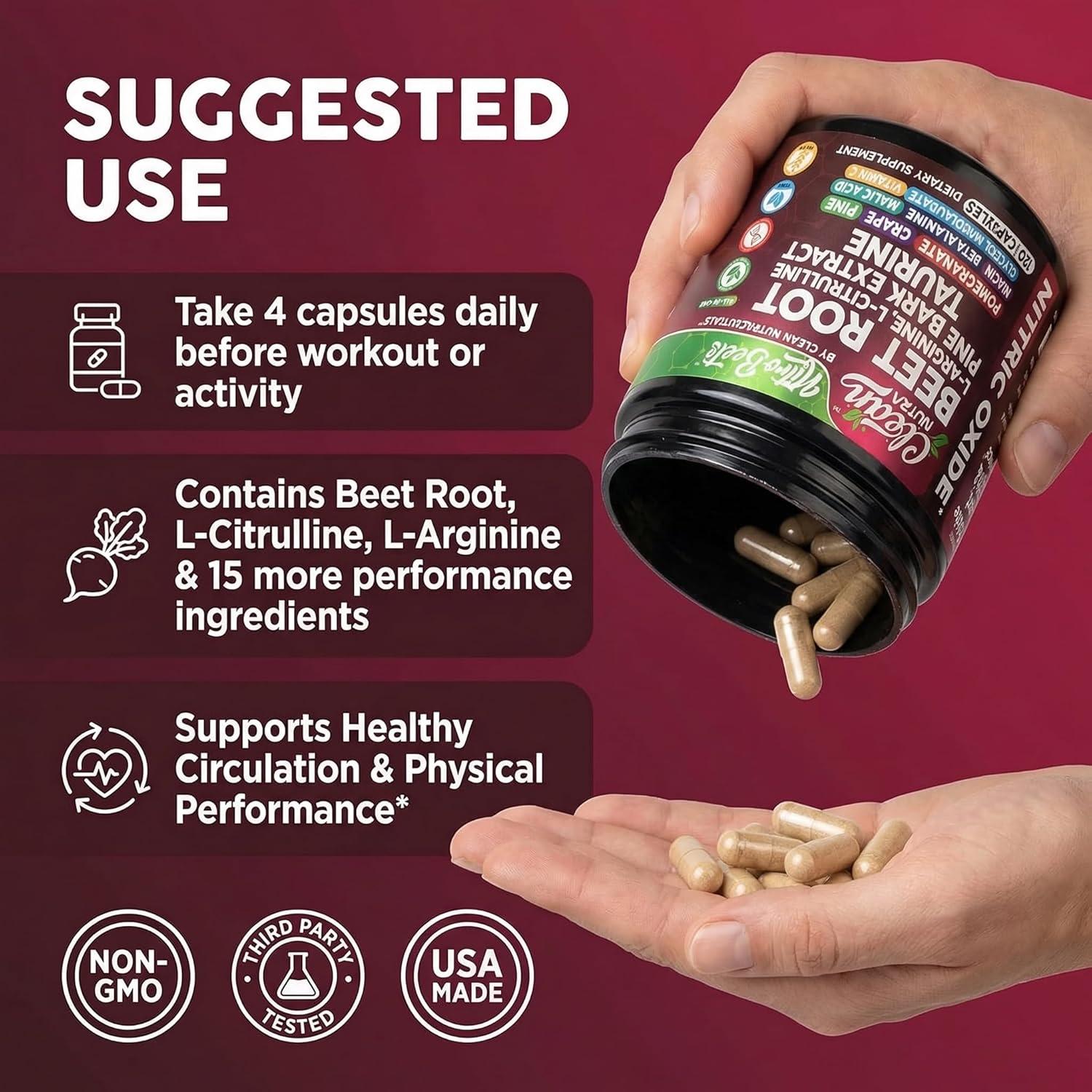 image:imageClean Nutra Organic Beet Root Capsules L Arginine L Citrulline Pine Bark Nitric Oxide Beetroot Powder Arginine Citrulline Supplement Pre Workout Supplements Extract 120 Vegan Pills