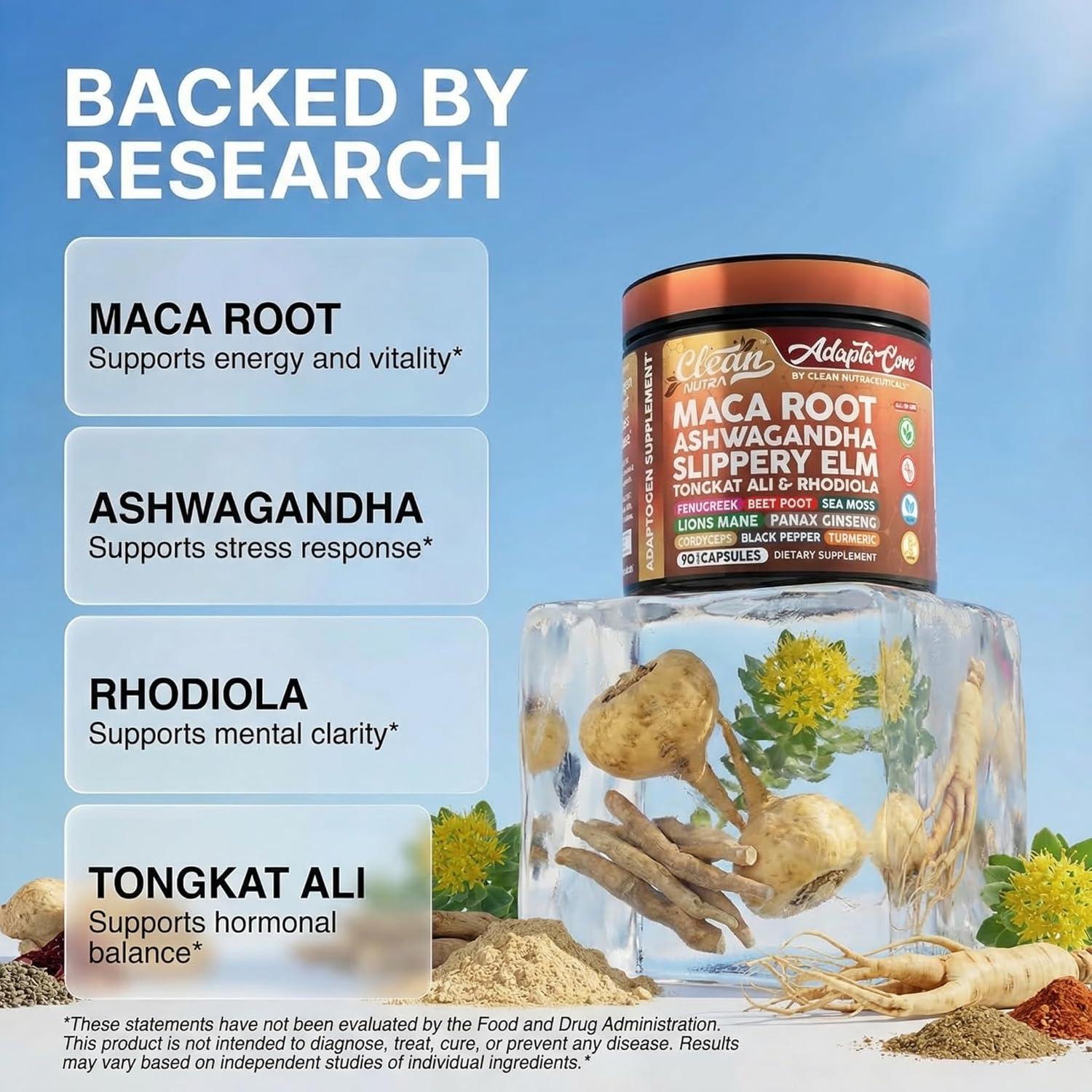 image:imageClean Nutra Organic Maca Root Capsules for Women Ashwagandha Slippery Elm Tongkat Ali Rhodiola Rosea Fenugreek Beet Root Sea Moss Ginseng Black Yellow Red Maca Powder Supplement 90 Pills