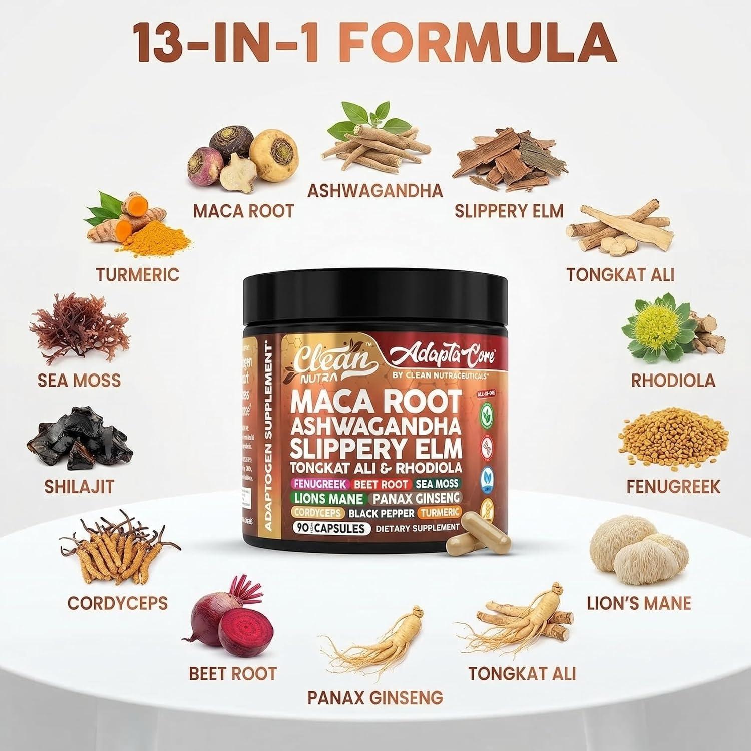 image:imageClean Nutra Organic Maca Root Capsules for Women Ashwagandha Slippery Elm Tongkat Ali Rhodiola Rosea Fenugreek Beet Root Sea Moss Ginseng Black Yellow Red Maca Powder Supplement 90 Pills