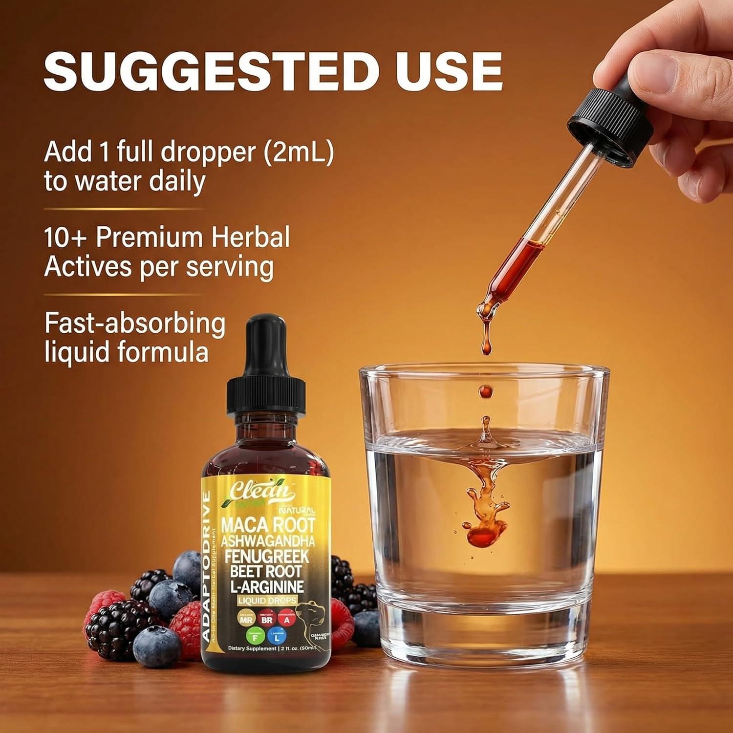 image:imageClean Nutra Organic Maca Root Liquid Drops with Ashwagandha Fenugreek Beet Root and LArginine Liquid Multivitamin for Women and Men Adapto Drive1
