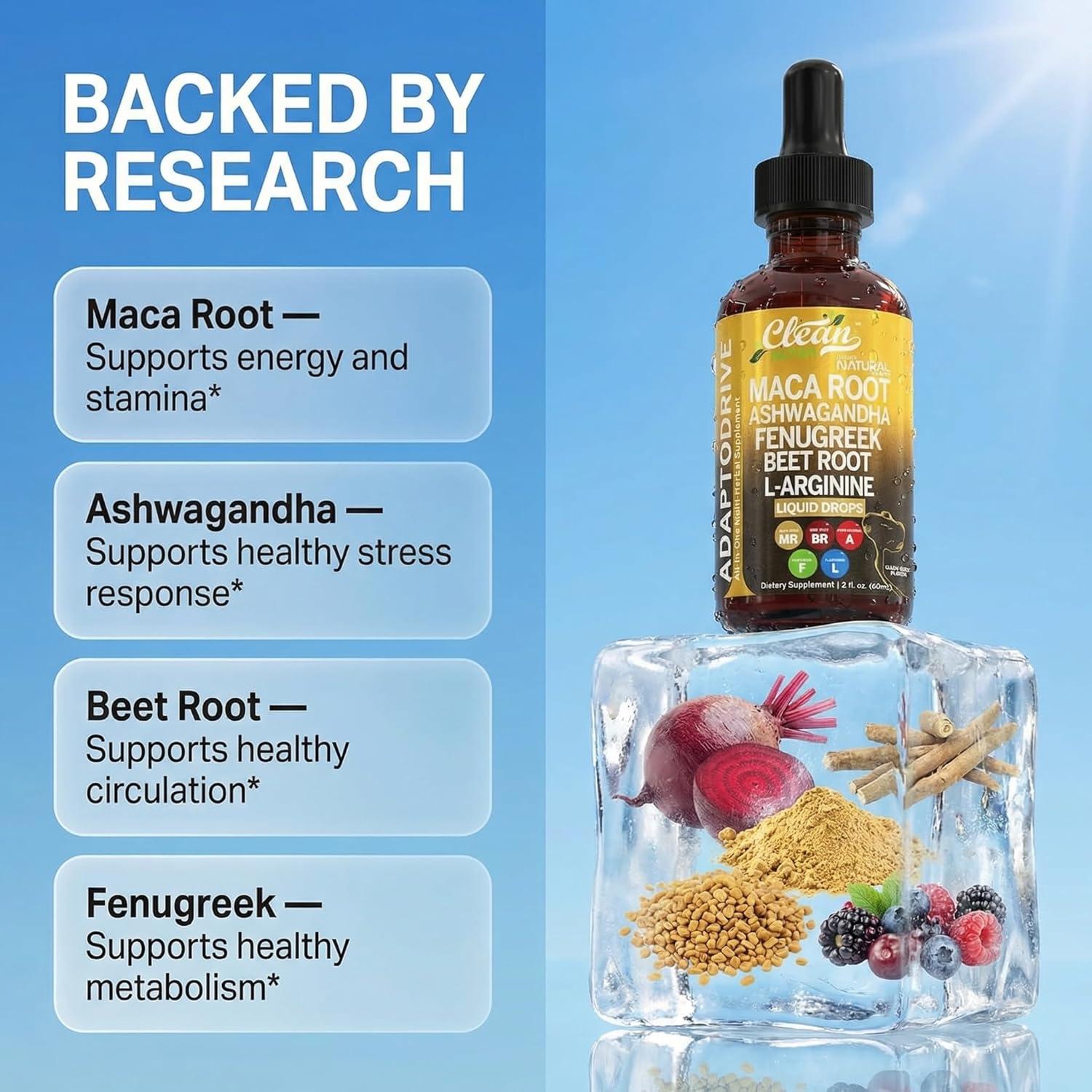 image:imageClean Nutra Organic Maca Root Liquid Drops with Ashwagandha Fenugreek Beet Root and LArginine Liquid Multivitamin for Women and Men Adapto Drive1