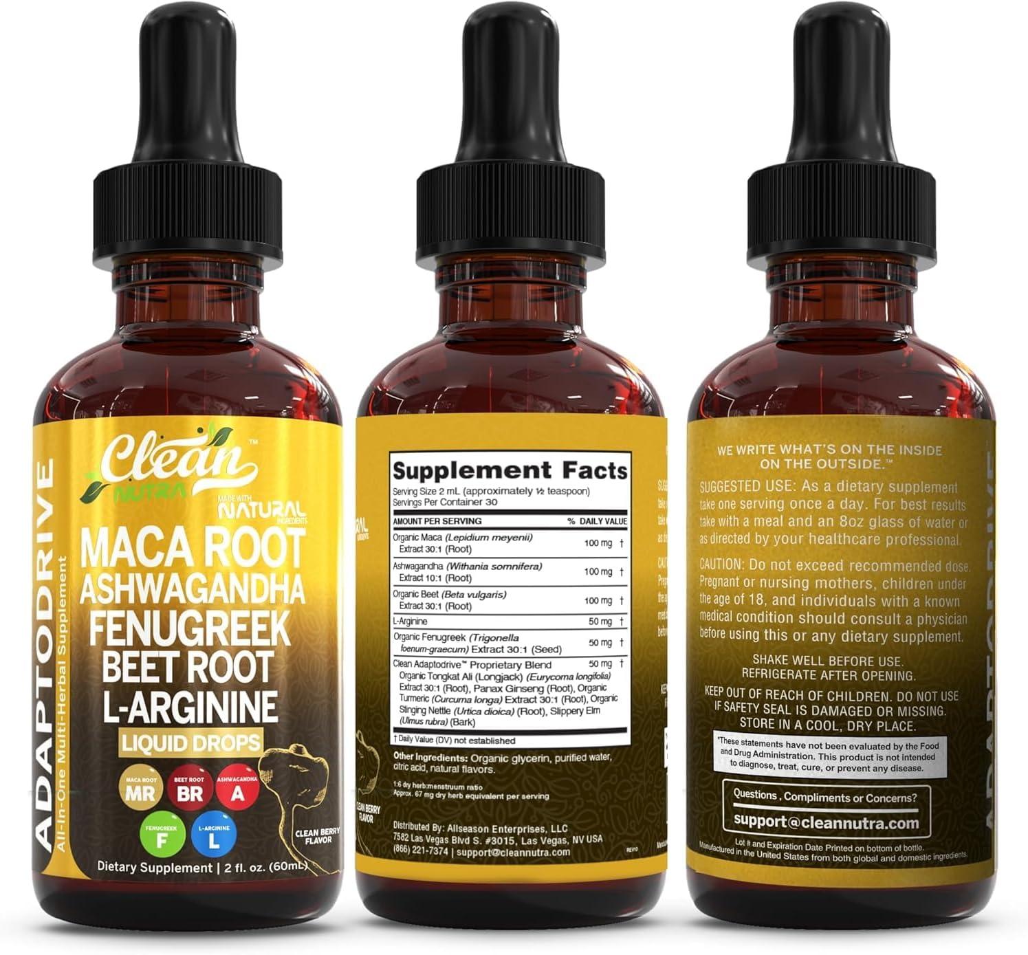 image:imageClean Nutra Organic Maca Root Liquid Drops with Ashwagandha Fenugreek Beet Root and LArginine Liquid Multivitamin for Women and Men Adapto Drive1