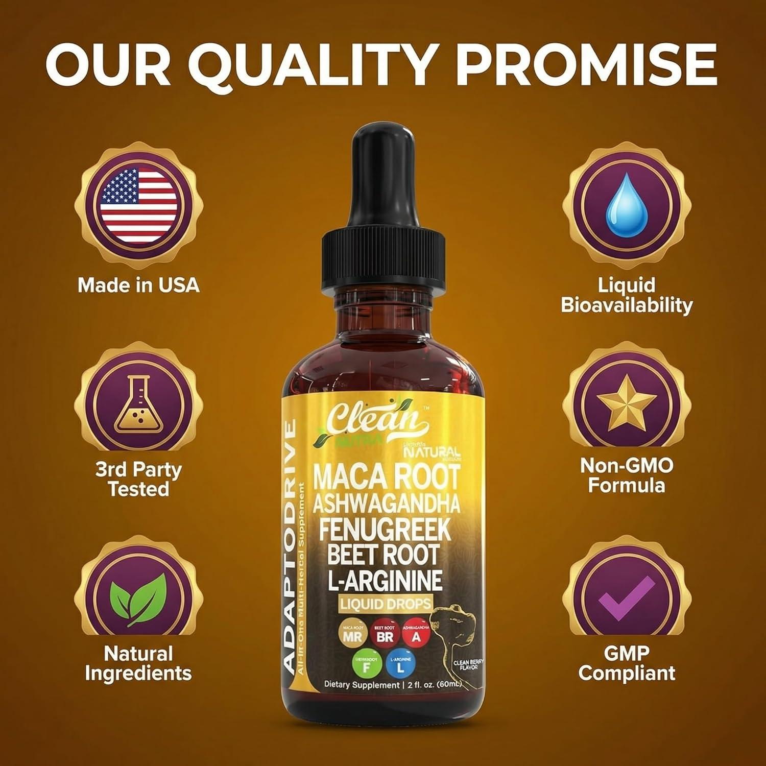 image:imageClean Nutra Organic Maca Root Liquid Drops with Ashwagandha Fenugreek Beet Root and LArginine Liquid Multivitamin for Women and Men Adapto Drive1