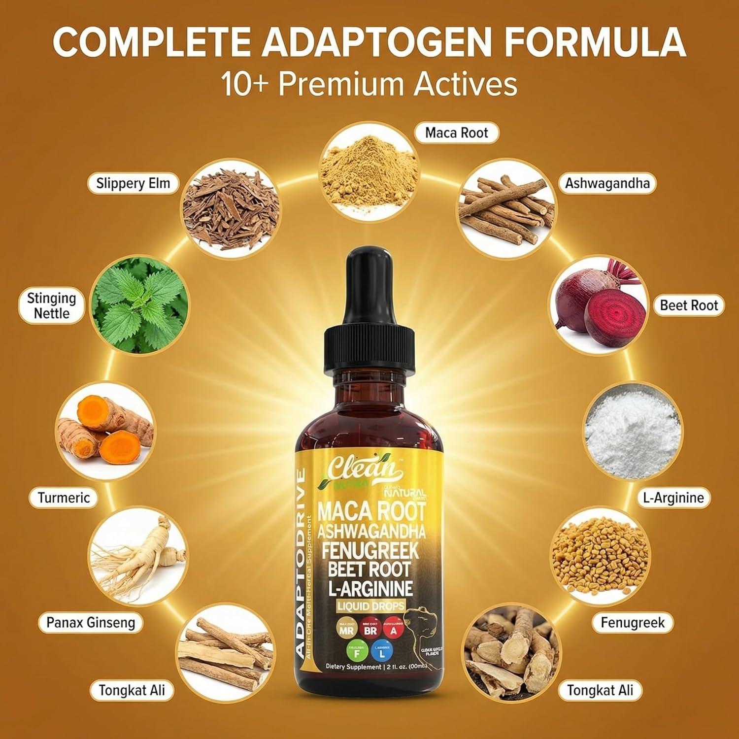 image:imageClean Nutra Organic Maca Root Liquid Drops with Ashwagandha Fenugreek Beet Root and LArginine Liquid Multivitamin for Women and Men Adapto Drive1