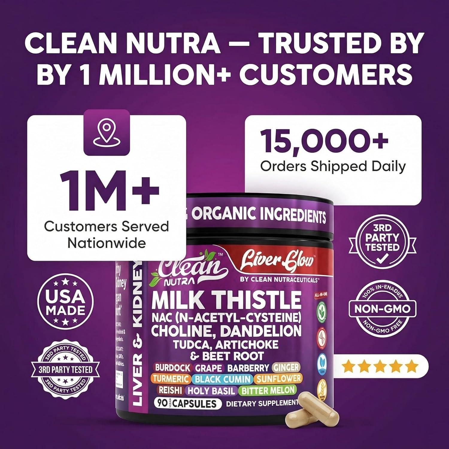 image:imageClean Nutra Organic Milk Thistle Supplement Liver Cleanse Detox amp Repair NAC Choline Dandelion Root TUDCA Artichoke Beet Root Burdock Holy Basil Kidney amp Liver Support 90 Vegan Capsules