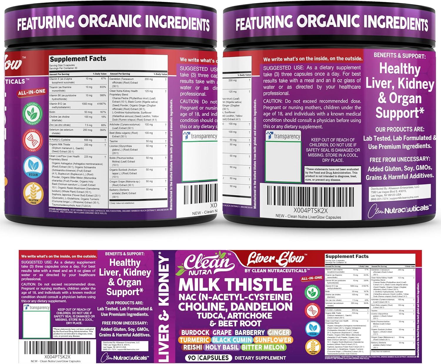 image:imageClean Nutra Organic Milk Thistle Supplement Liver Cleanse Detox amp Repair NAC Choline Dandelion Root TUDCA Artichoke Beet Root Burdock Holy Basil Kidney amp Liver Support 90 Vegan Capsules