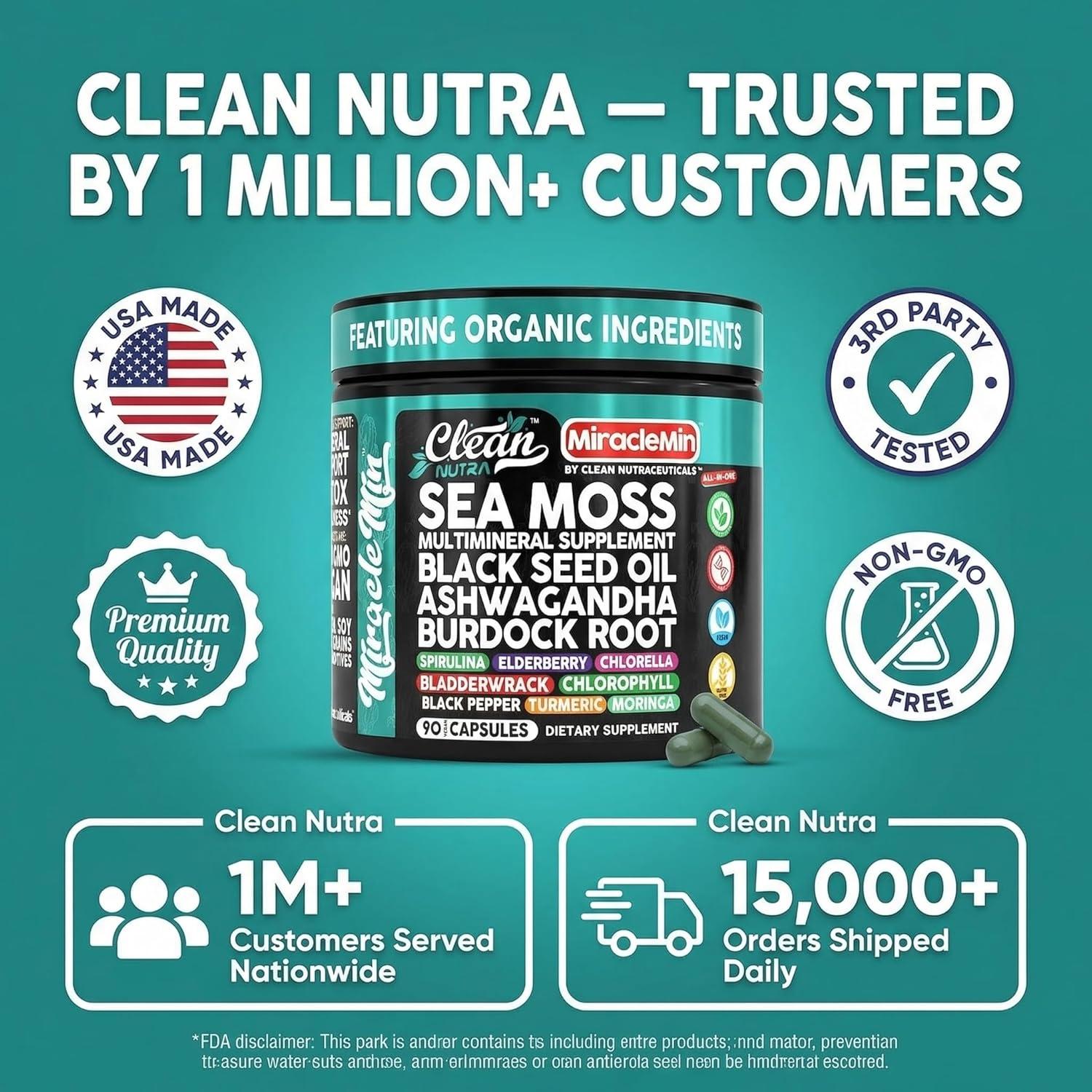 image:imageClean Nutra Organic Sea Moss Capsules with Ashwagandha Black Seed Oil Burdock Root Bladderwrack Moringa Chlorella Spirulina Turmeric Elderberry Amla 90 Vegan Capsules MiracleMin1