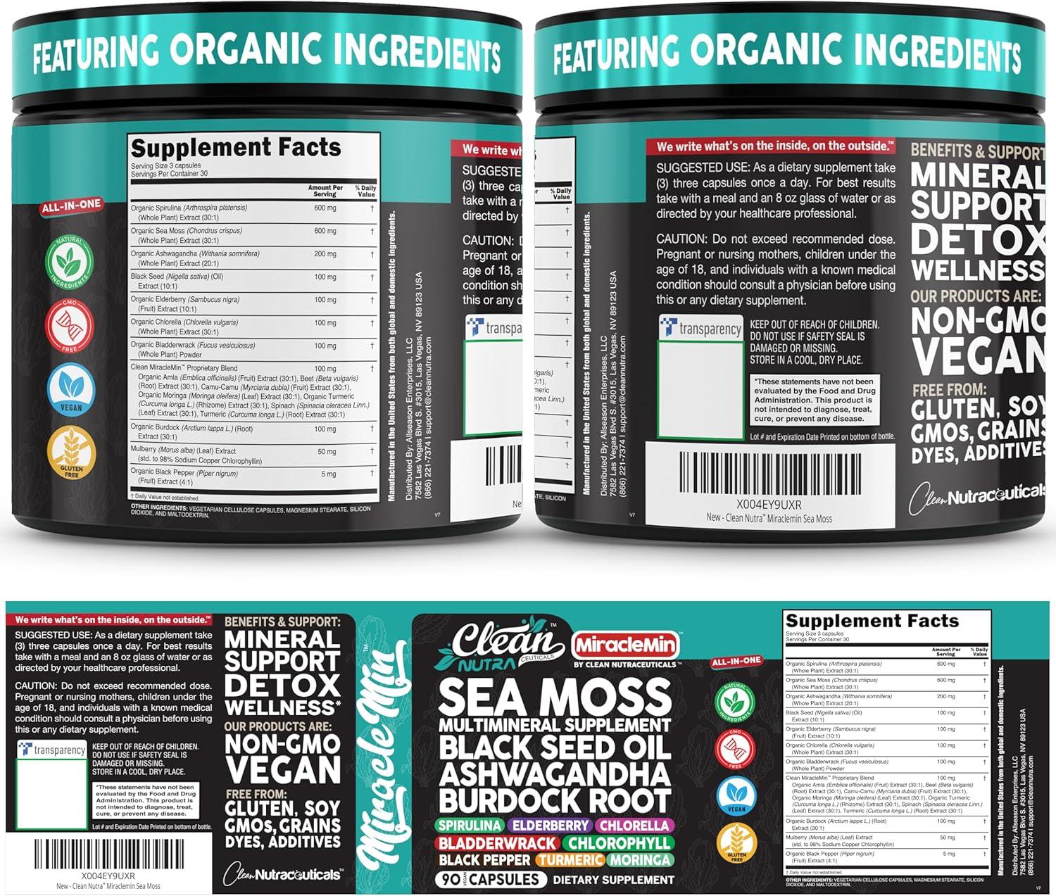 image:imageClean Nutra Organic Sea Moss Capsules with Ashwagandha Black Seed Oil Burdock Root Bladderwrack Moringa Chlorella Spirulina Turmeric Elderberry Amla 90 Vegan Capsules MiracleMin1