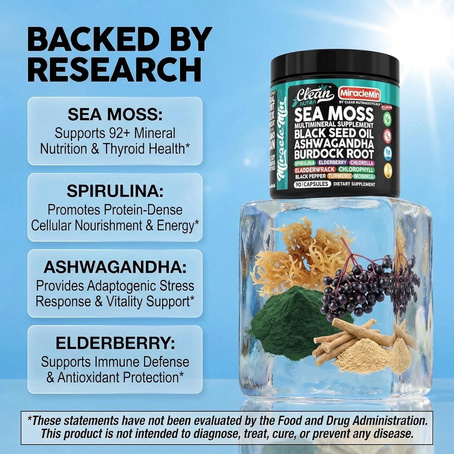 image:imageClean Nutra Organic Sea Moss Capsules with Ashwagandha Black Seed Oil Burdock Root Bladderwrack Moringa Chlorella Spirulina Turmeric Elderberry Amla 90 Vegan Capsules MiracleMin1