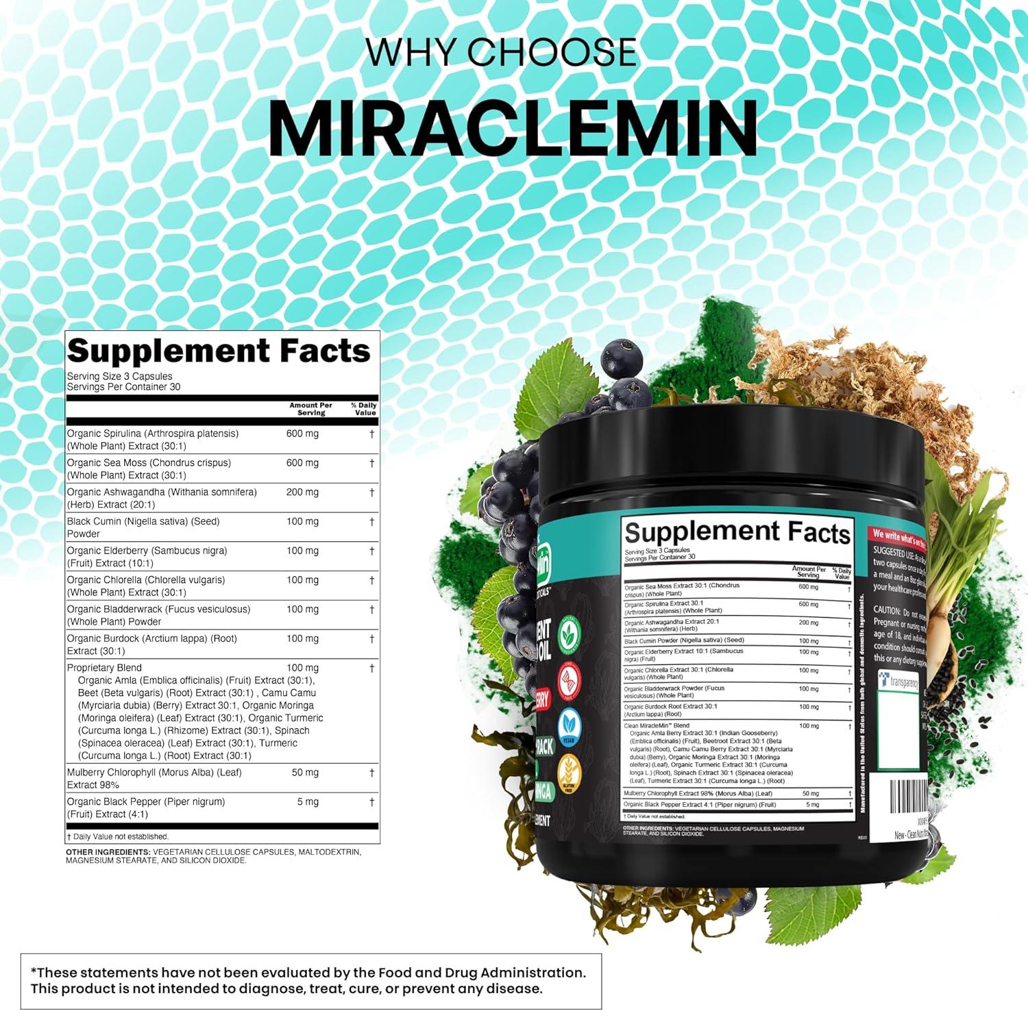 image:imageClean Nutra Organic Sea Moss Capsules with Ashwagandha Black Seed Oil Burdock Root Bladderwrack Moringa Chlorella Spirulina Turmeric Elderberry Amla 90 Vegan Capsules MiracleMin1
