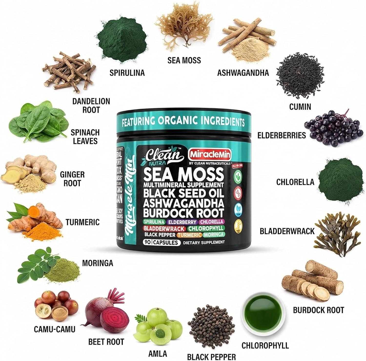 image:imageClean Nutra Organic Sea Moss Capsules with Ashwagandha Black Seed Oil Burdock Root Bladderwrack Moringa Chlorella Spirulina Turmeric Elderberry Amla 90 Vegan Capsules MiracleMin1