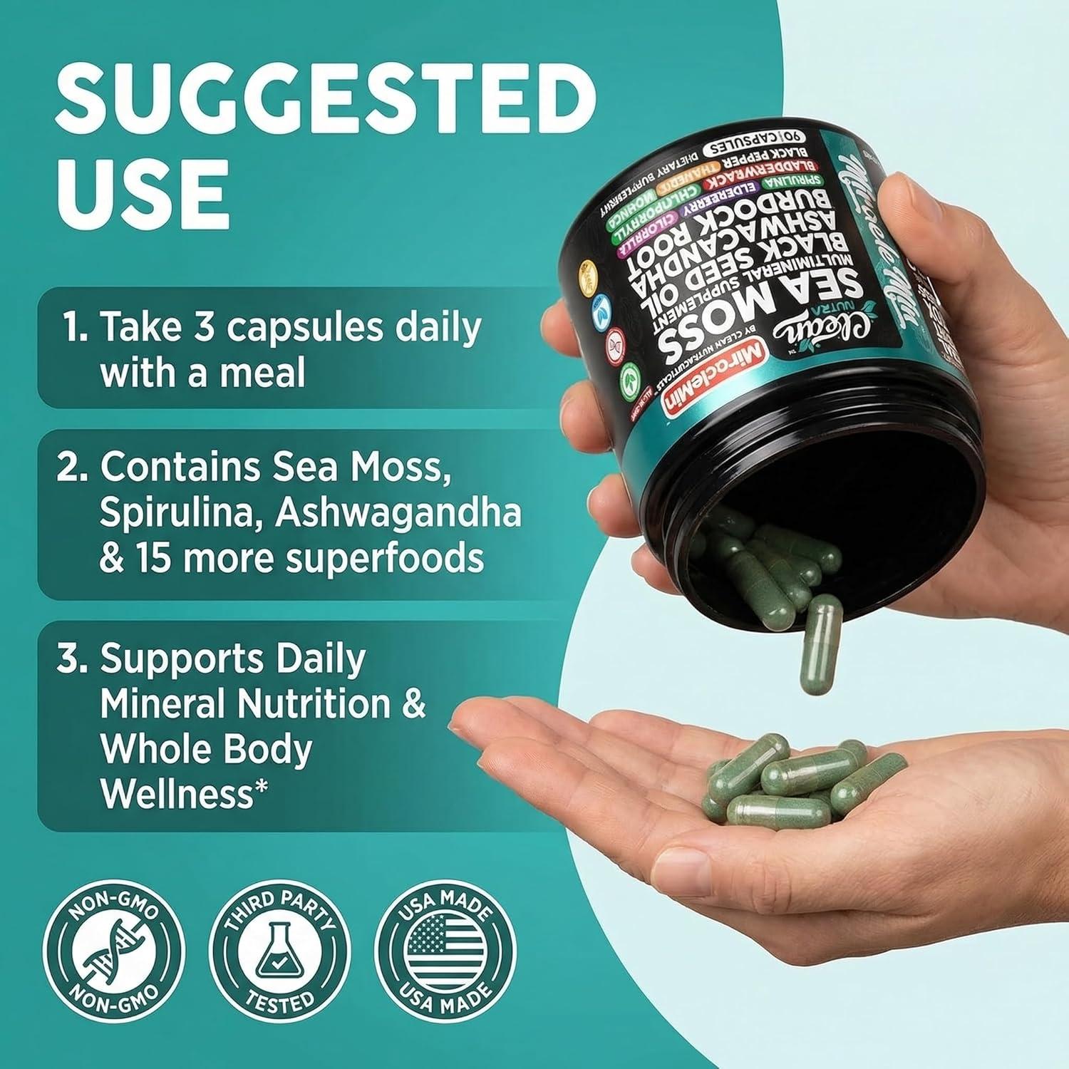 image:imageClean Nutra Organic Sea Moss Capsules with Ashwagandha Black Seed Oil Burdock Root Bladderwrack Moringa Chlorella Spirulina Turmeric Elderberry Amla 90 Vegan Capsules MiracleMin1