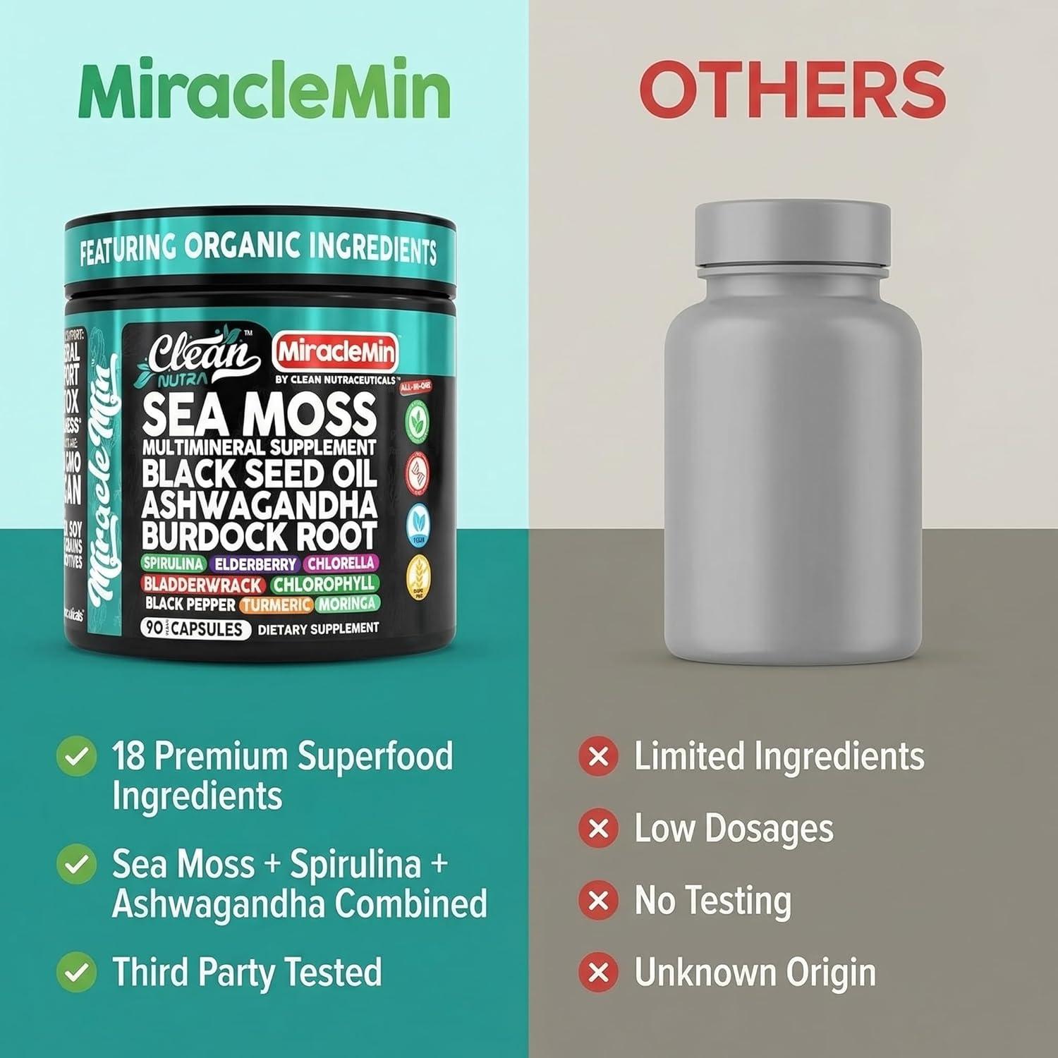 image:imageClean Nutra Organic Sea Moss Capsules with Ashwagandha Black Seed Oil Burdock Root Bladderwrack Moringa Chlorella Spirulina Turmeric Elderberry Amla 90 Vegan Capsules MiracleMin1