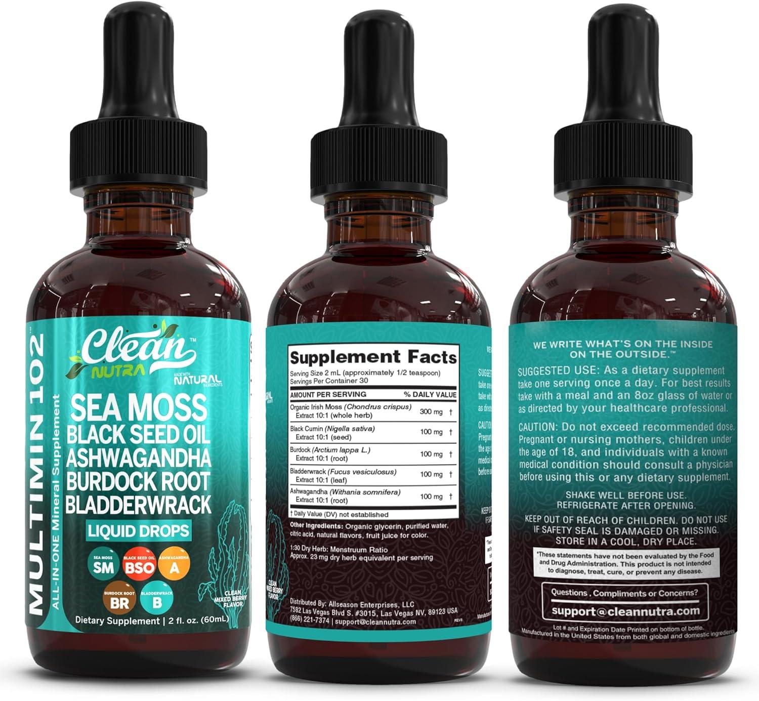 image:imageClean Nutra Organic Sea Moss Drops Supplement Black Seed Oil Irish Seamoss Ashwagandha Burdock Root amp Bladderwrack Multimineral Liquid Vegan for Gut Heath Energy Skin Immune Support amp Hair2
