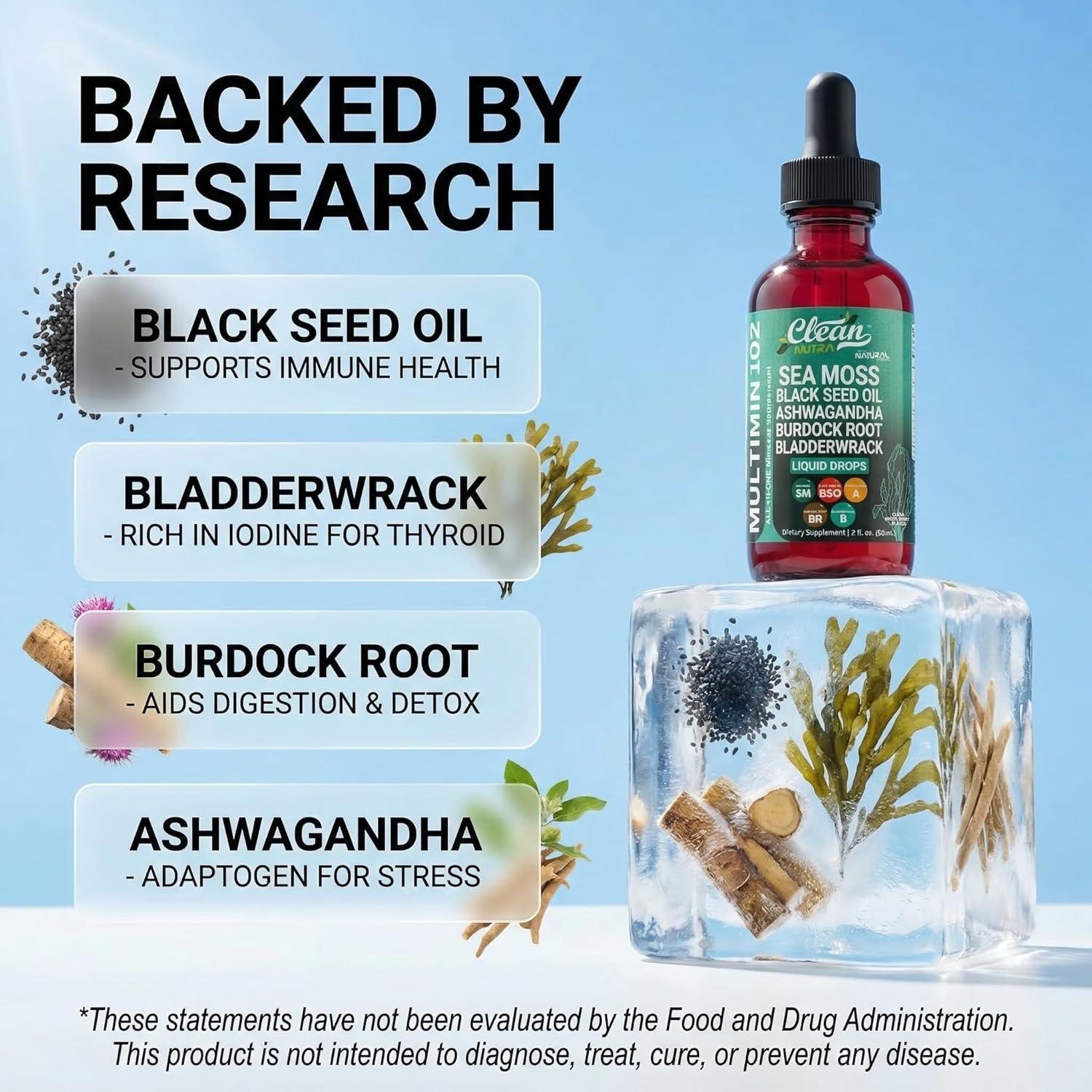 image:imageClean Nutra Organic Sea Moss Drops Supplement Black Seed Oil Irish Seamoss Ashwagandha Burdock Root amp Bladderwrack Multimineral Liquid Vegan for Gut Heath Energy Skin Immune Support amp Hair2