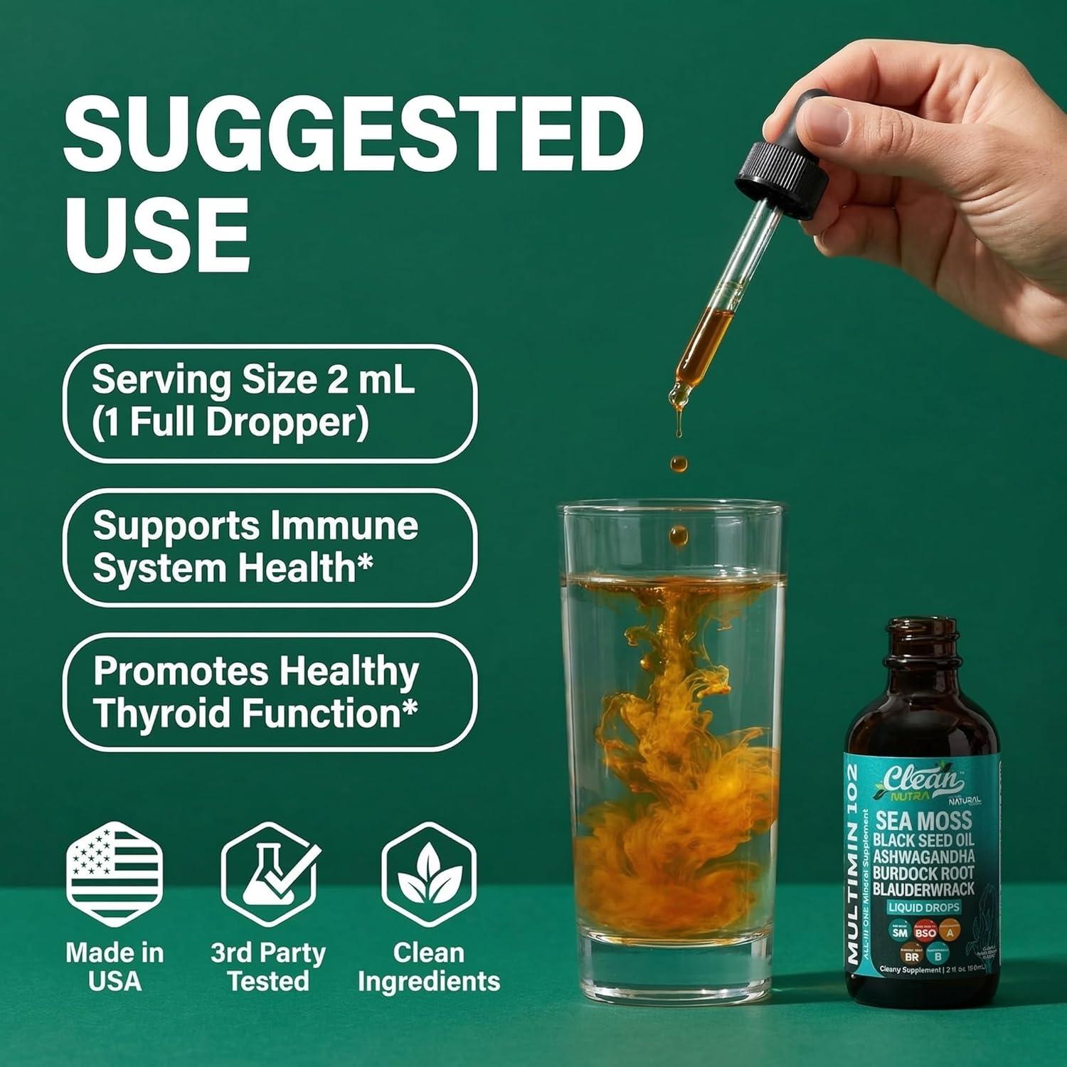 image:imageClean Nutra Organic Sea Moss Drops Supplement Black Seed Oil Irish Seamoss Ashwagandha Burdock Root amp Bladderwrack Multimineral Liquid Vegan for Gut Heath Energy Skin Immune Support amp Hair2
