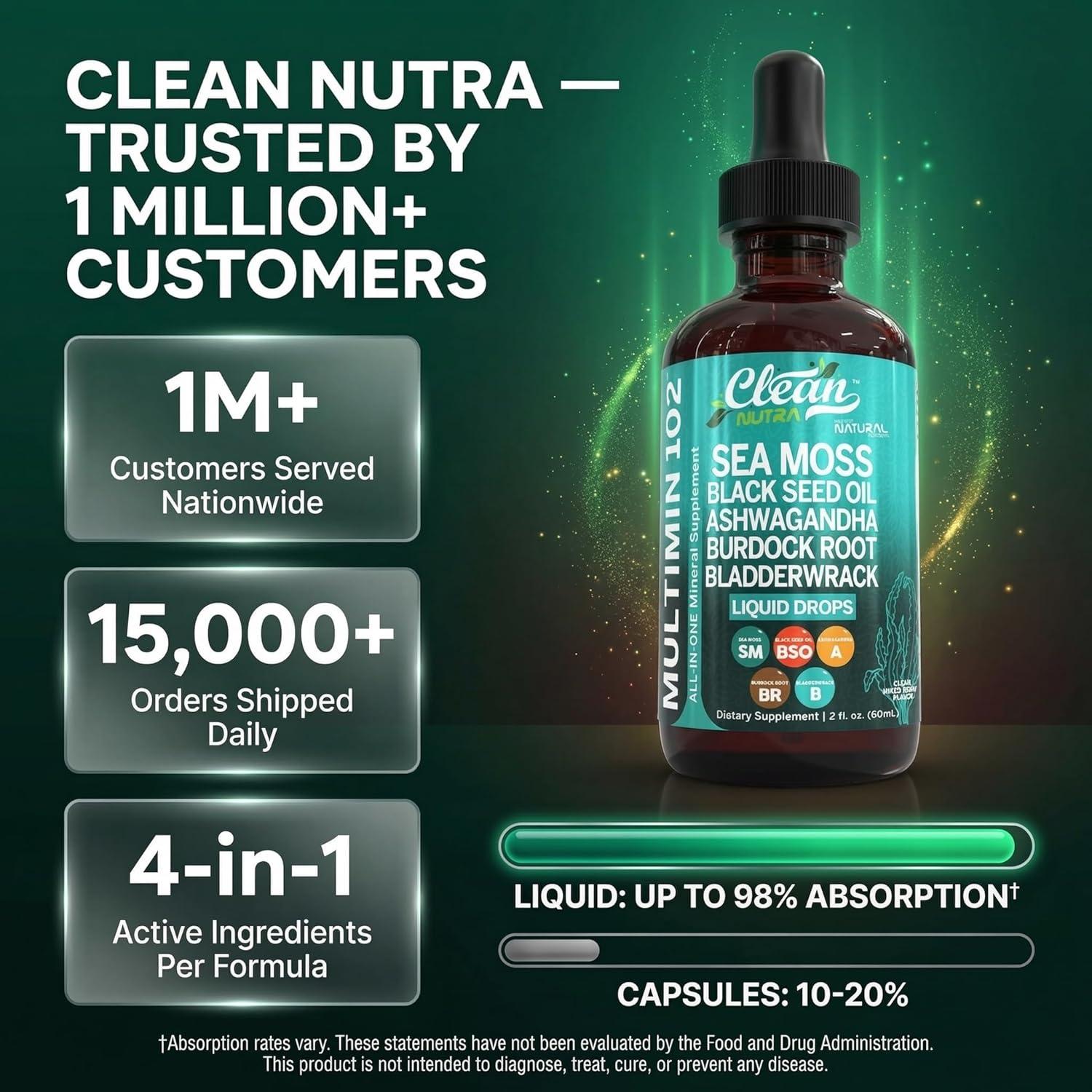 image:imageClean Nutra Organic Sea Moss Drops Supplement Black Seed Oil Irish Seamoss Ashwagandha Burdock Root amp Bladderwrack Multimineral Liquid Vegan for Gut Heath Energy Skin Immune Support amp Hair2