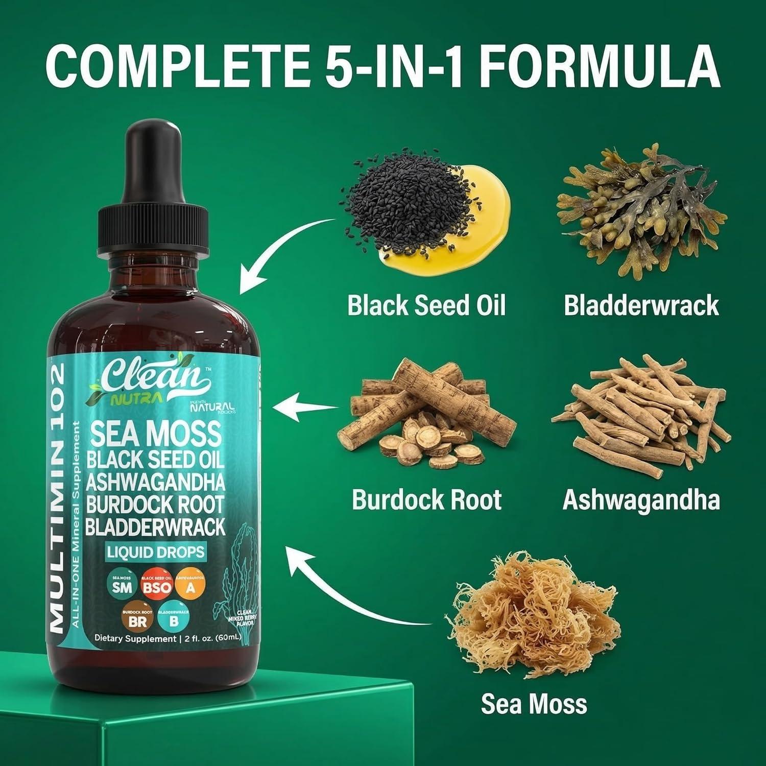 image:imageClean Nutra Organic Sea Moss Drops Supplement Black Seed Oil Irish Seamoss Ashwagandha Burdock Root amp Bladderwrack Multimineral Liquid Vegan for Gut Heath Energy Skin Immune Support amp Hair2