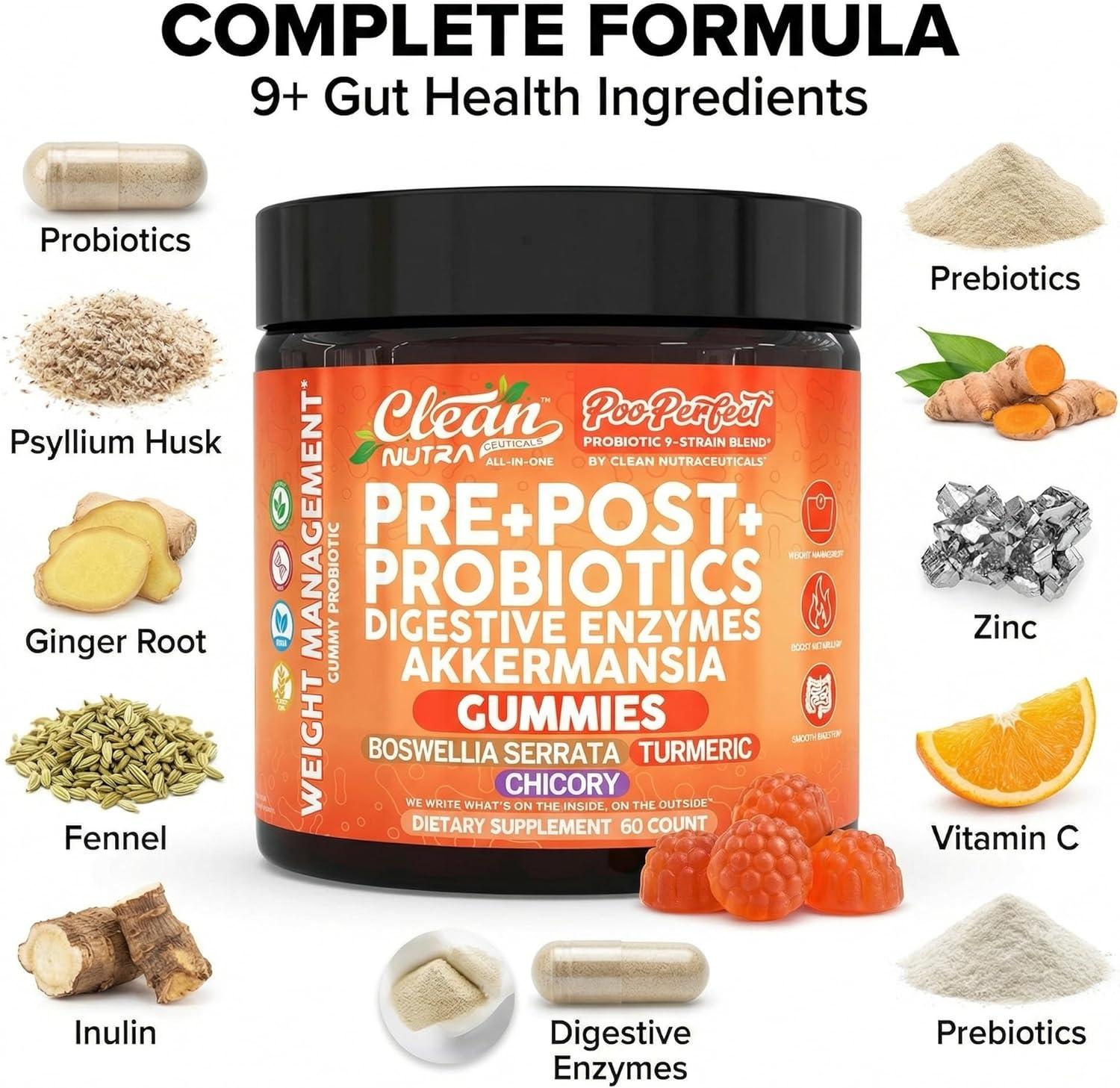 image:imageClean Nutra Prebiotic Postbiotic Digestive Enzymes Gummies with Chicory Root Boswellia Serrata Turmeric and Akkermansia PrePost Probiotics Supplement 60 Count Gummy PooPerfect