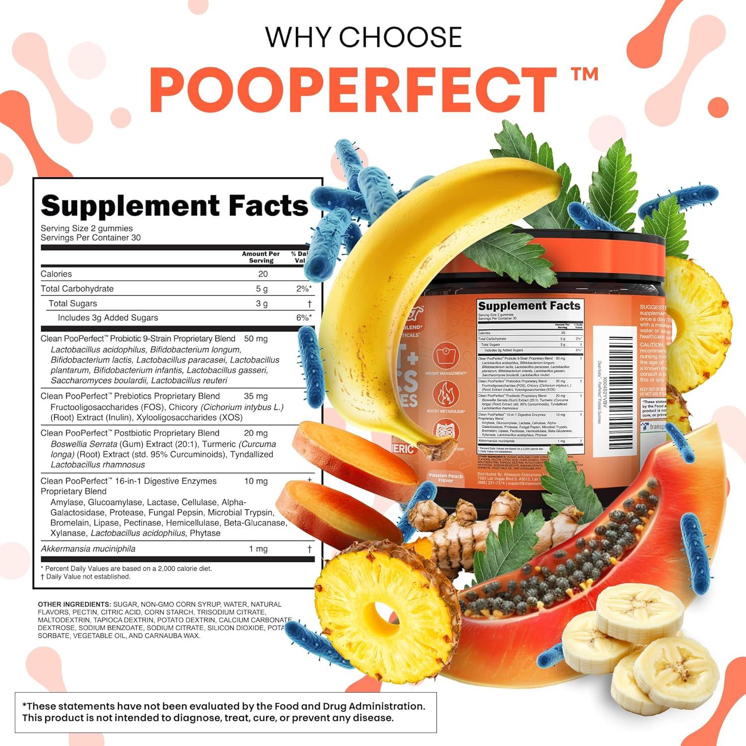 image:imageClean Nutra Prebiotic Postbiotic Digestive Enzymes Gummies with Chicory Root Boswellia Serrata Turmeric and Akkermansia PrePost Probiotics Supplement 60 Count Gummy PooPerfect