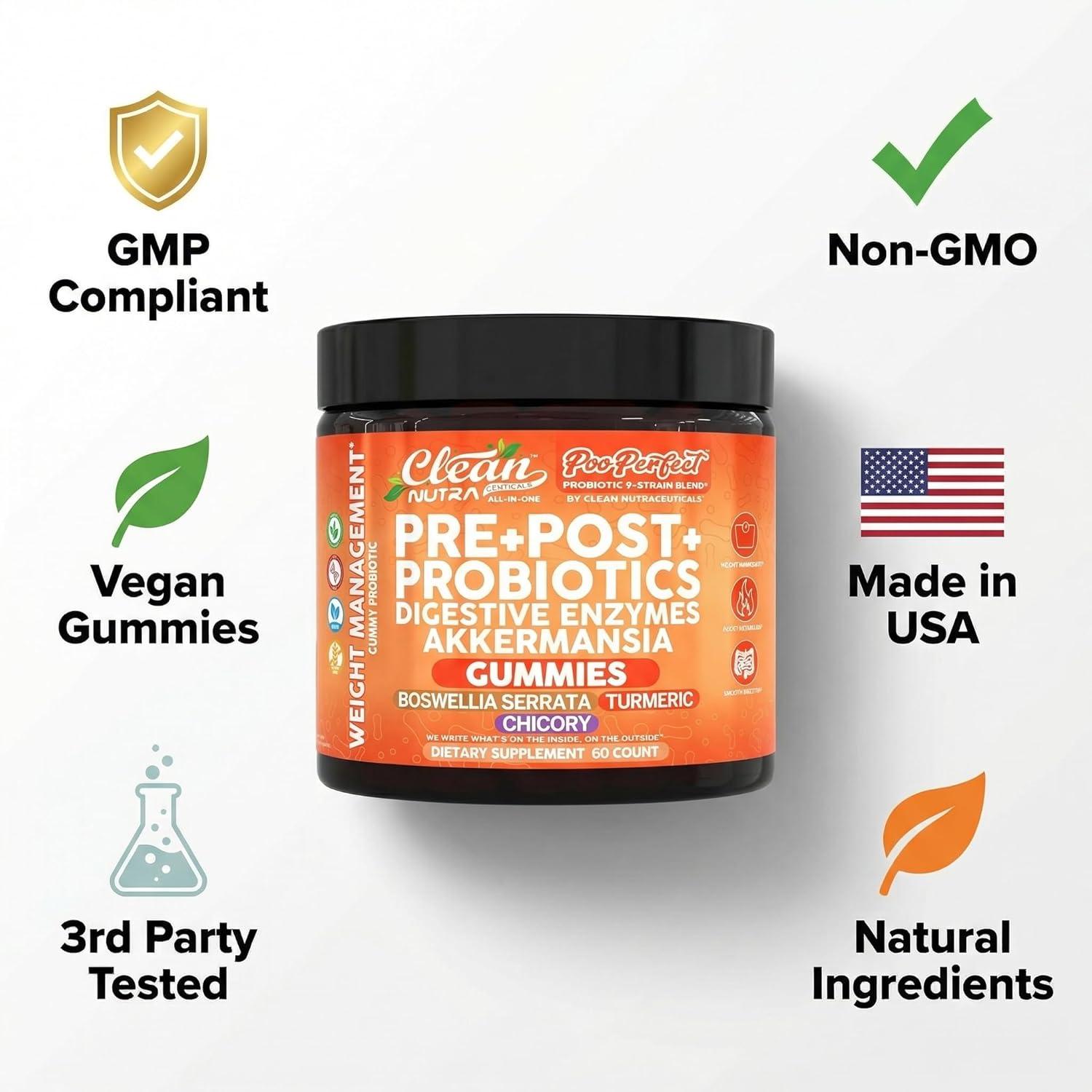 image:imageClean Nutra Prebiotic Postbiotic Digestive Enzymes Gummies with Chicory Root Boswellia Serrata Turmeric and Akkermansia PrePost Probiotics Supplement 60 Count Gummy PooPerfect