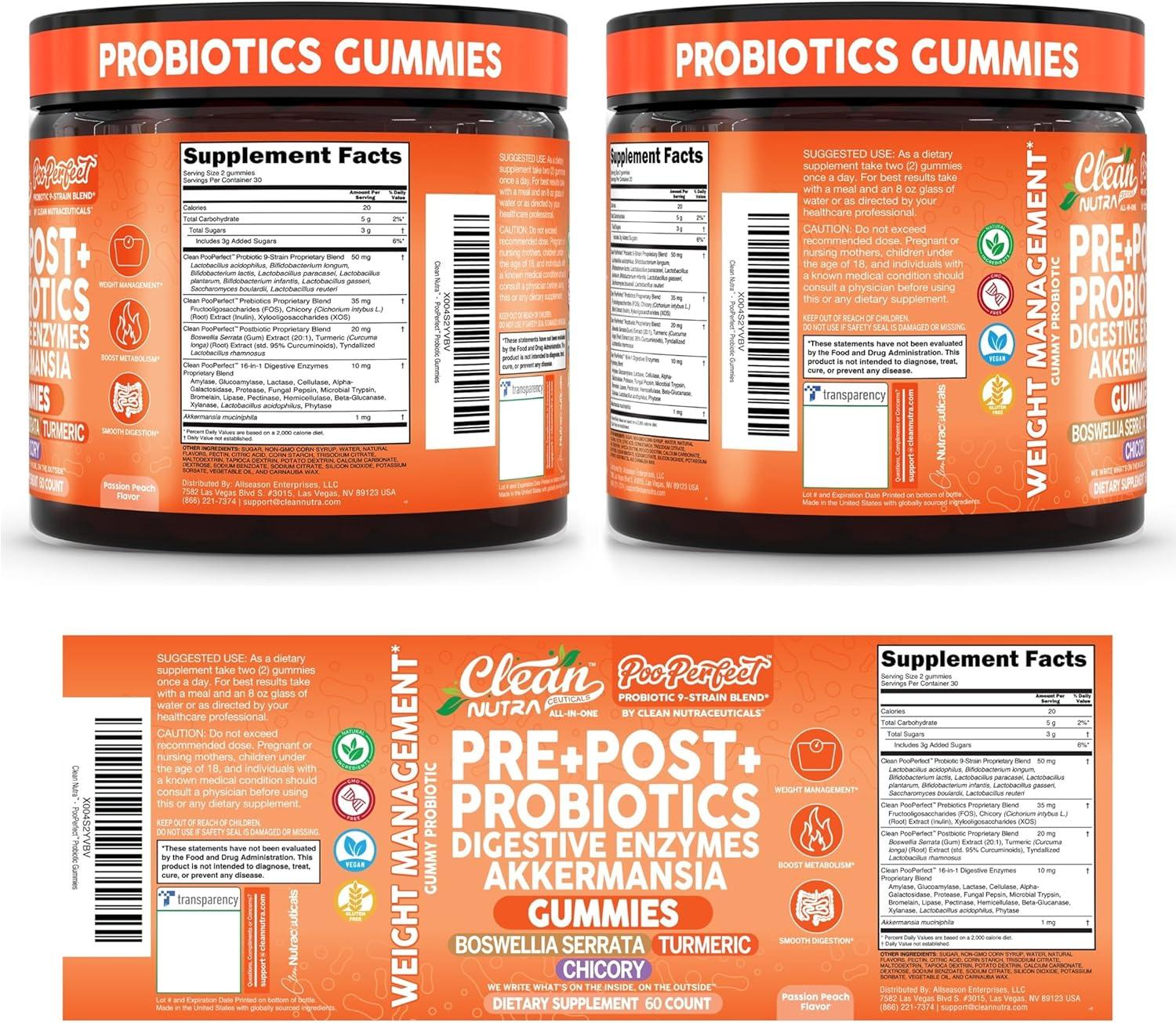 image:imageClean Nutra Prebiotic Postbiotic Digestive Enzymes Gummies with Chicory Root Boswellia Serrata Turmeric and Akkermansia PrePost Probiotics Supplement 60 Count Gummy PooPerfect