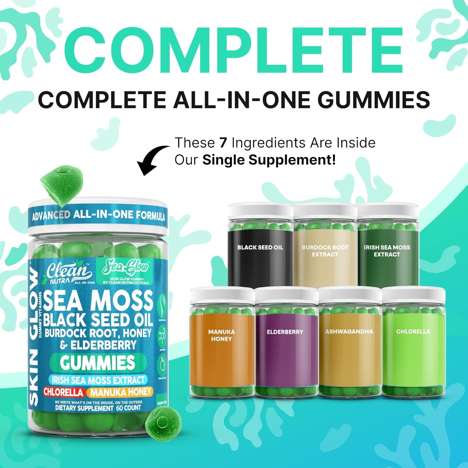 image:imageClean Nutra Sea Moss Gummies Black Seed Oil Chlorella Ashwagandha Root Hair Growth Skin Glow Irish Sea Moss Elderberry Burdock Manuka Honey Trace Minerals Detox 60 Gummy Vitamins Sea Glow Supplement