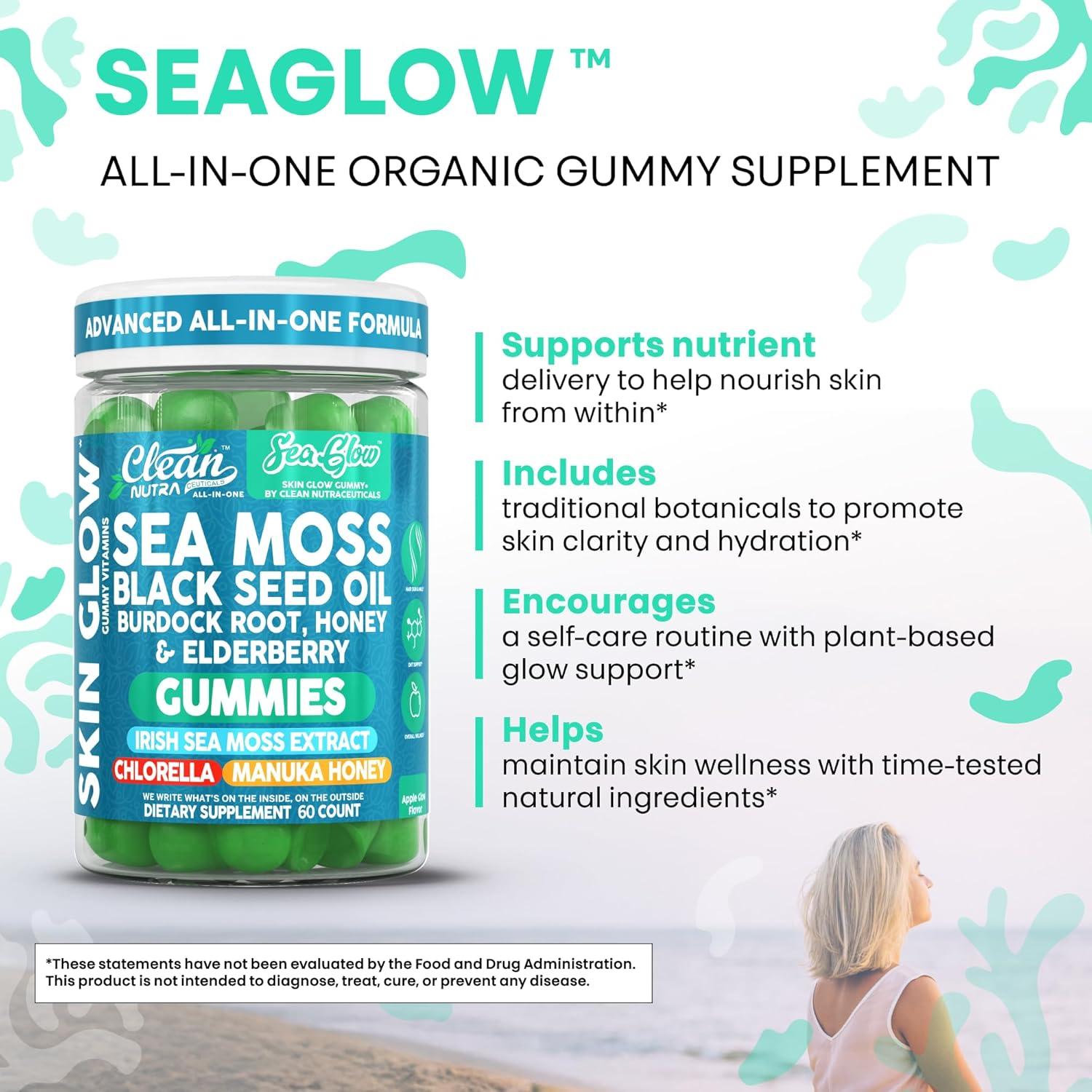 image:imageClean Nutra Sea Moss Gummies Black Seed Oil Chlorella Ashwagandha Root Hair Growth Skin Glow Irish Sea Moss Elderberry Burdock Manuka Honey Trace Minerals Detox 60 Gummy Vitamins Sea Glow Supplement